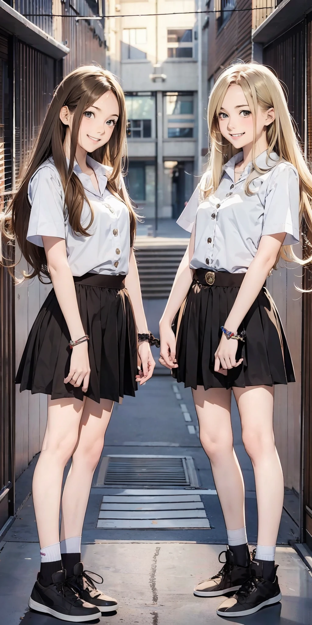 perfect anime illustration, 2girls, twin sisters, identical sisters, brown hair, blonde hair, (1 blonde girl, 1 brown haired girl, different hair colors), curly hair, matching hairstyle, hazel eyes, smiling, ((matching outfits)), matching hairstyles, white background, highres, full body, pose