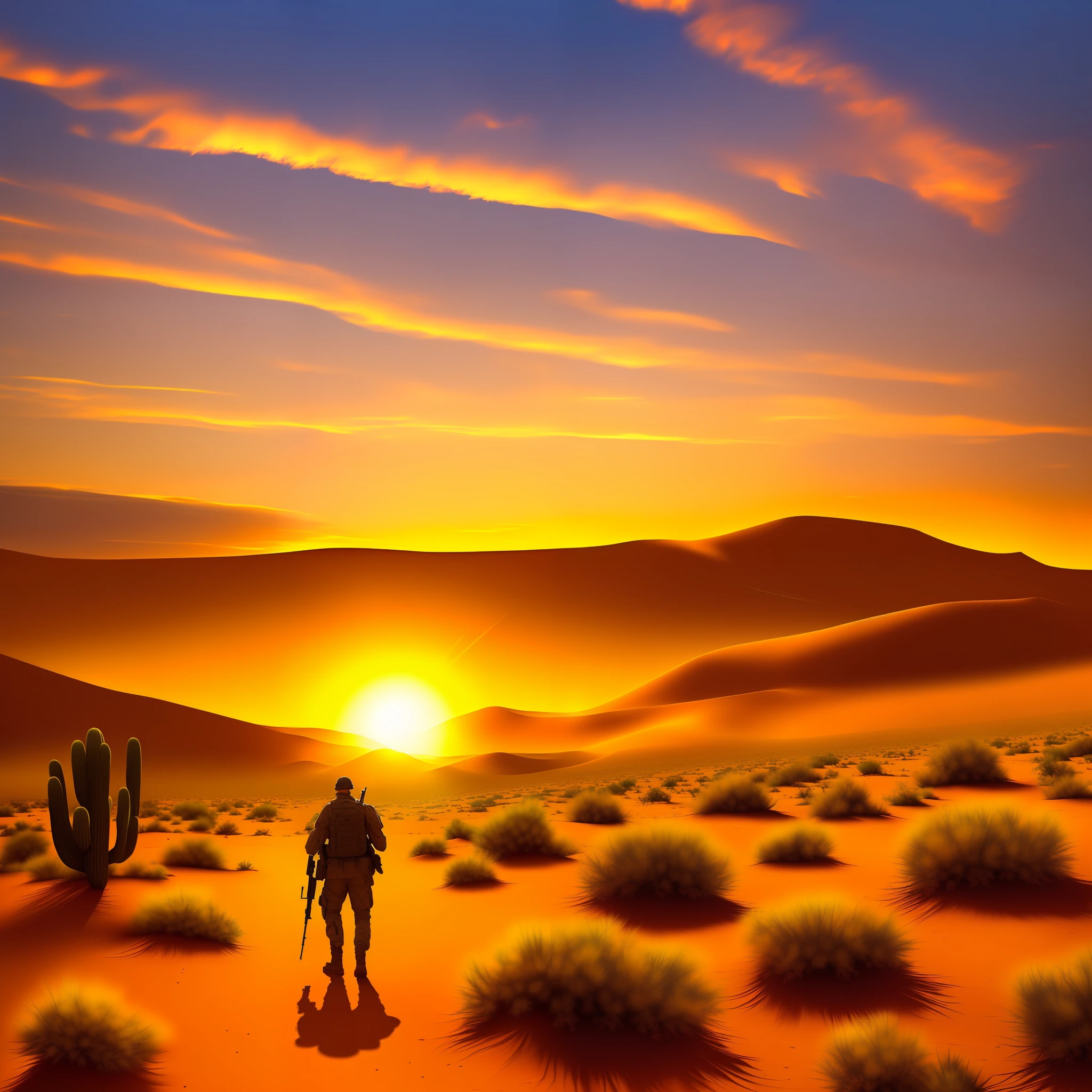((best quality)), ((masterpiece)), (((ultra realistic)), An absolutely mesmerizing sun over the backcountry, desert, with cactus scattered across the desert, with a mixture of oranges, roses and yellows. A military soldier returning from the imposing battle, bleeding, holding a rifle