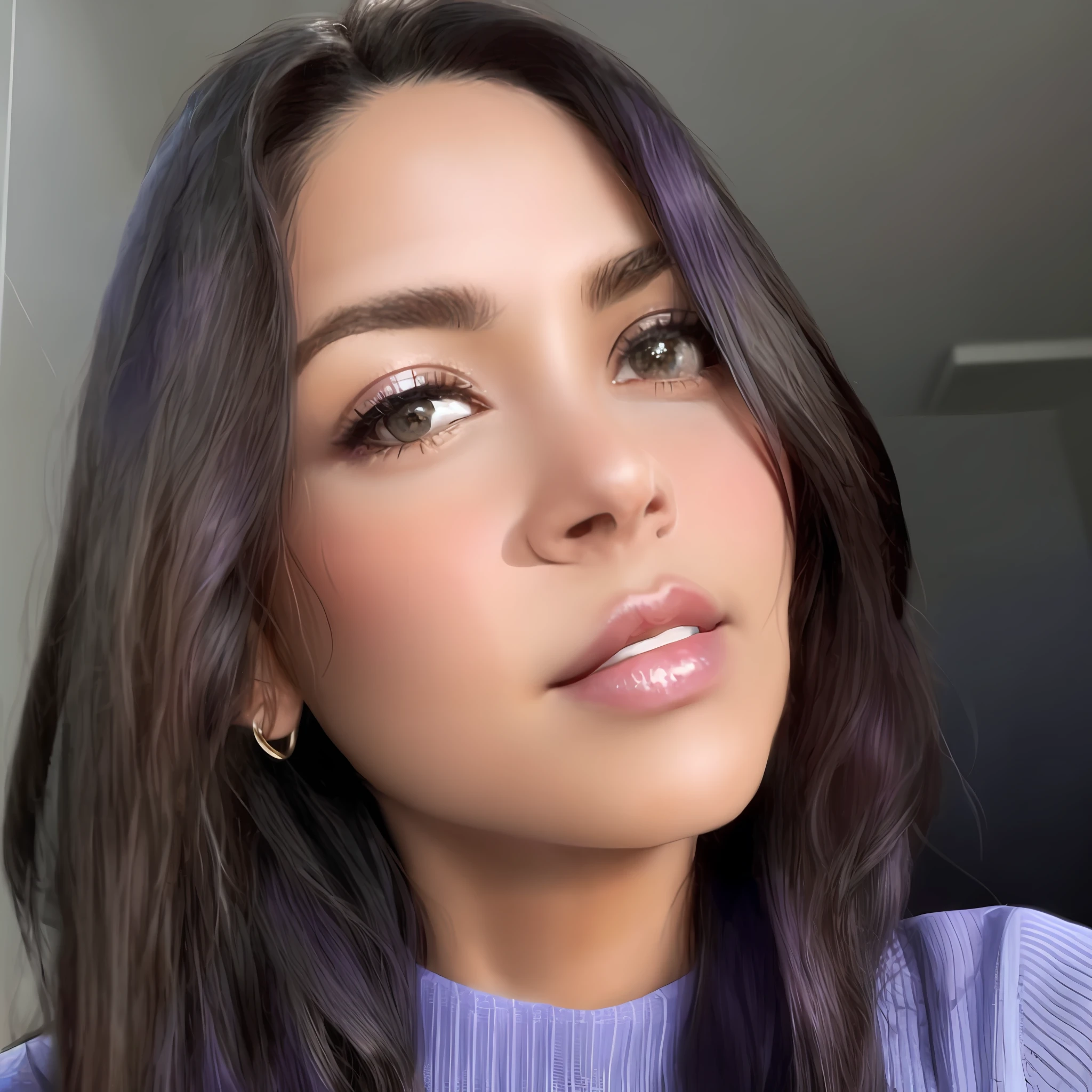 there is a woman with a blue sweater and a white tie, violet myers, alanis guillen, 30-year-old woman from cuba, looks like fabiula nascimento, ayahausca, gorgeous latina face, flawless olive skin, selfie of a young woman, taken in the early 2020s, thick lips