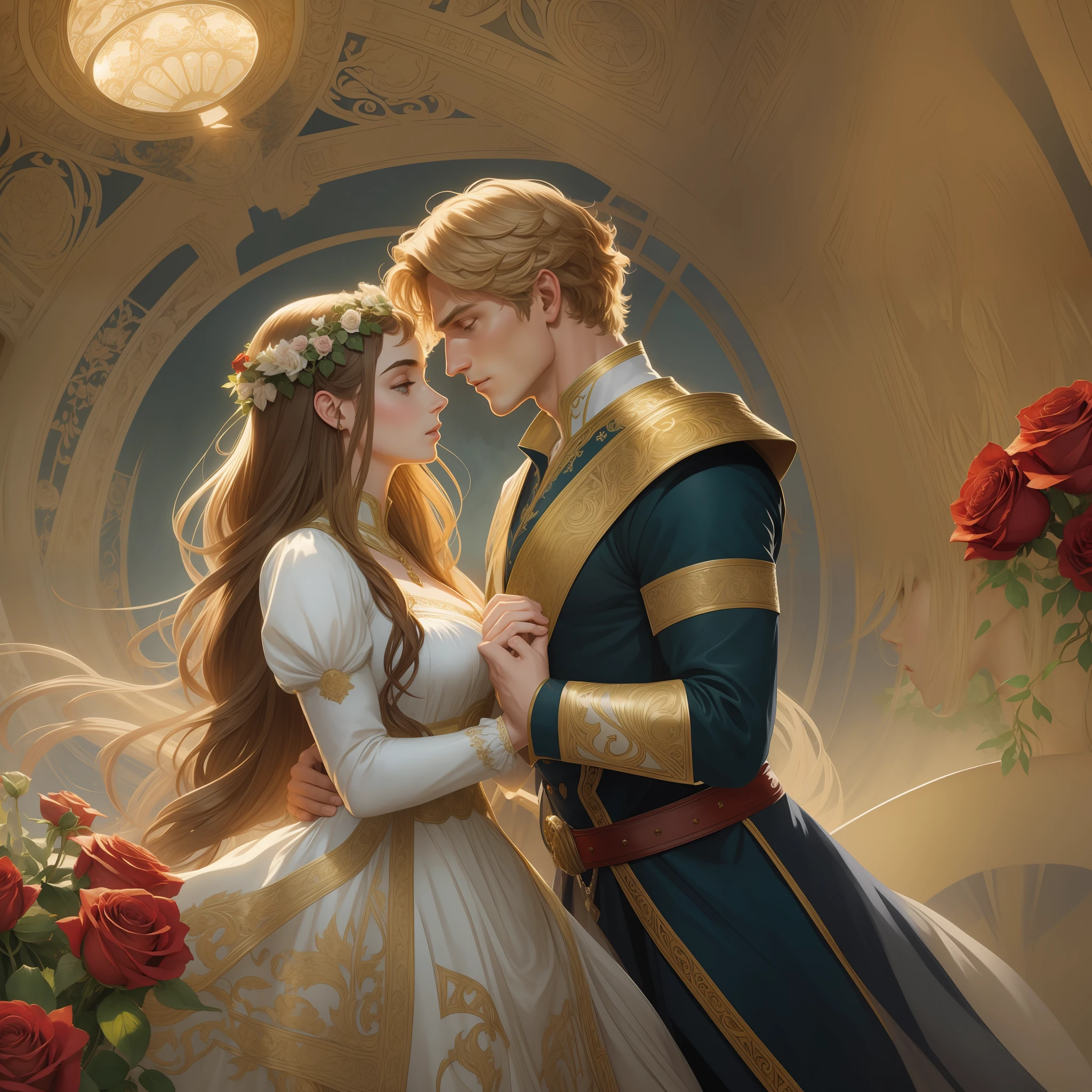 Couple kisses a home and a woman with much affection, the man Neels Visser is a prince who has golden blonde hair, wears a medieval military outfit and is in love with the commoner woman Lily Collins, who has curly brown black hair and wears a red dress, illustration of a romance book cover with a detailed background, smooth, bright full of ivy-covered flowers and red roses, castle, ornate dress standing on a bed of roses, rim light, dynamic lighting, ethereal lighting, ultra detail, conceptual art, elegant, surreal, art by Lisa Aisato, Greg Hildebrandt, Citemer Liu, Stjepan Sejic, Samyang, Aykut Aydogdu, Justin Gerard, Alphonse Mucha, Artgerm, WLOP and Greg Rutkowski