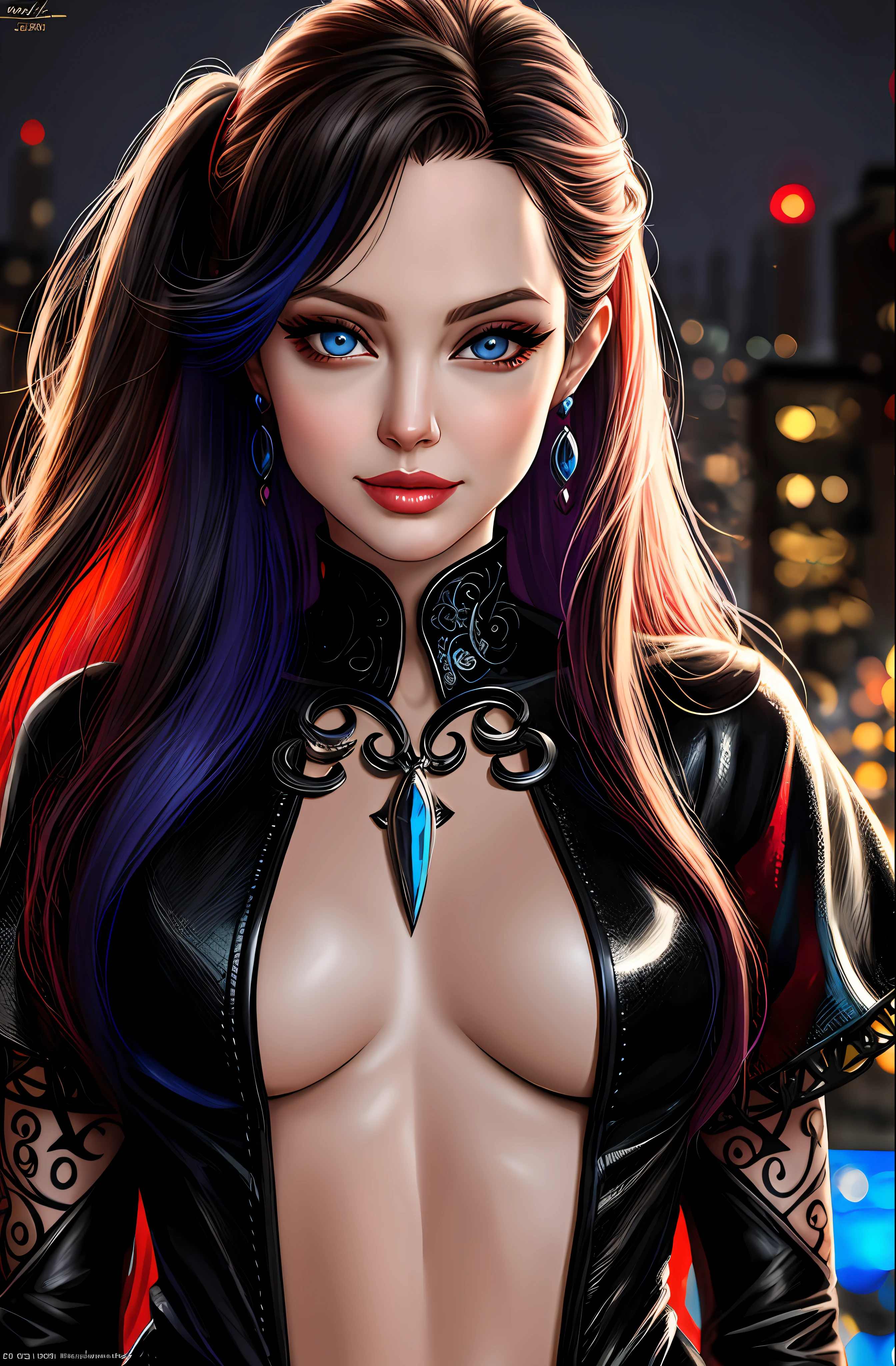 Angelina Jolie Harley Quinn of DC Comics beautiful Hungarian woman, intricately decorated, realistic rendering Character design, photorealistic, unreal mechanism, hyperdetailed. ((best quality)), ((masterpiece)), ((realistic)), (detailed), close-up portrait, full-body portrait, blue eyes, black and red costume, highly detailed skin and hair, looking at the viewer, stunning gradient colors, sadistic smile, detailed background, city at night, detailed mouth, incredibly detailed, ((masterpiece)), absurdities, HDR.