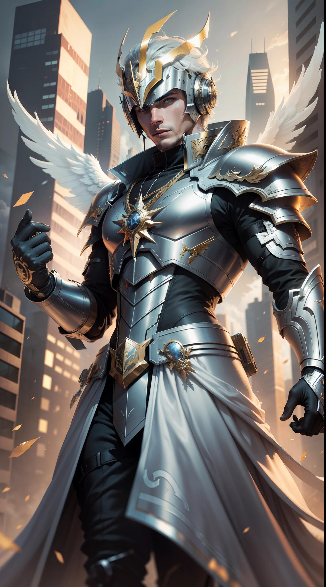 Best image quality, high resolution,8k, masterpiece, best male combat angel descending from the sky, masked,metal armor combined with royal vestments, scales in your hand,cyberpunk style