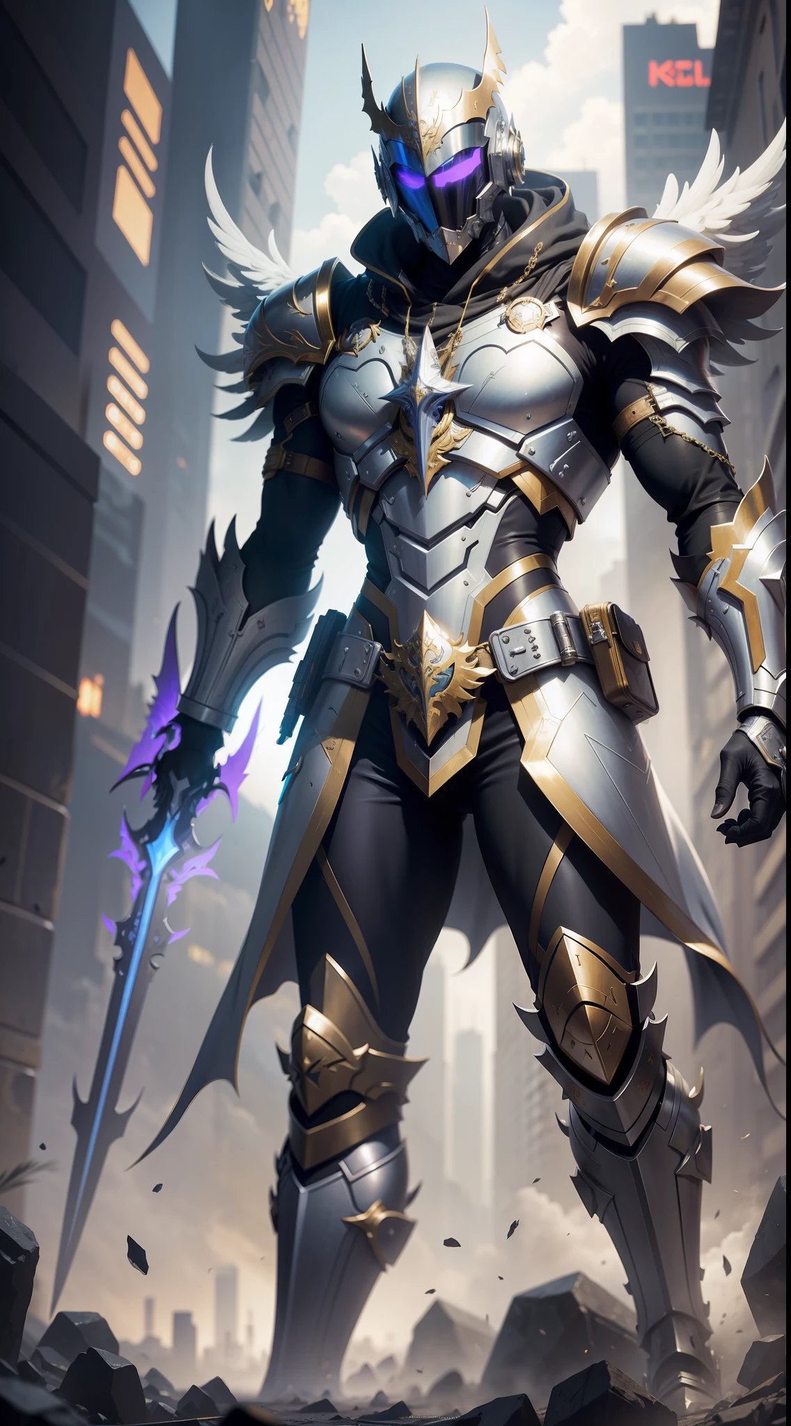 Best image quality, high resolution,8k, masterpiece, best male combat angel descending from the sky, masked,metal armor combined with royal vestments, scales in your hand,cyberpunk style