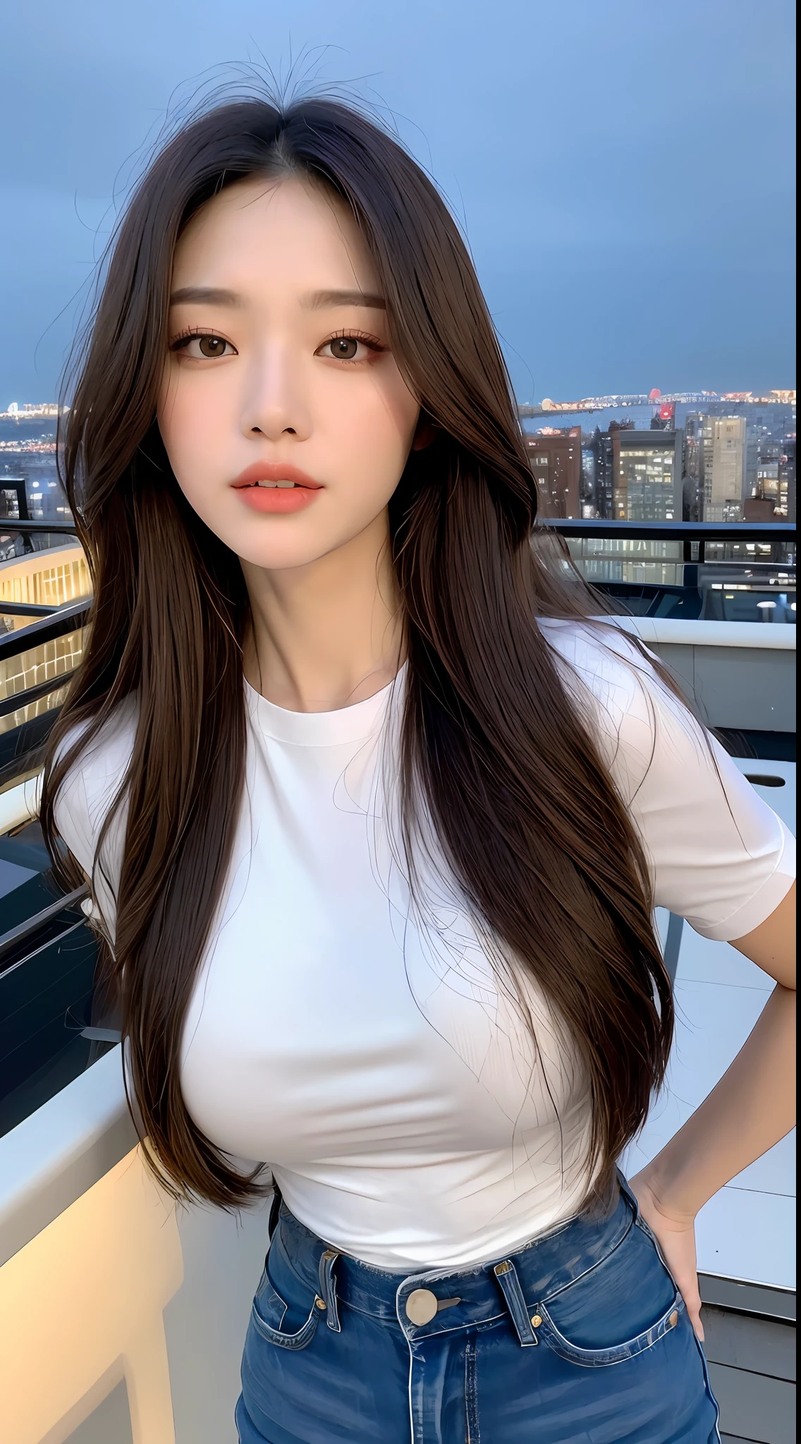((Midnight, Best quality, 8k, Masterpiece :1.3)), Whole body, Long legs, Sharp focus :1.2, A pretty woman with perfect figure :1.4, Slender abs :1.1, ((Dark brown hair, Big breasts :1.2)), (White tight tshirt, Jean bib, Standing:1.2), ((Night city view, Rooftop:1.3)), Highly detailed face and skin texture, Detailed eyes, Double eyelid