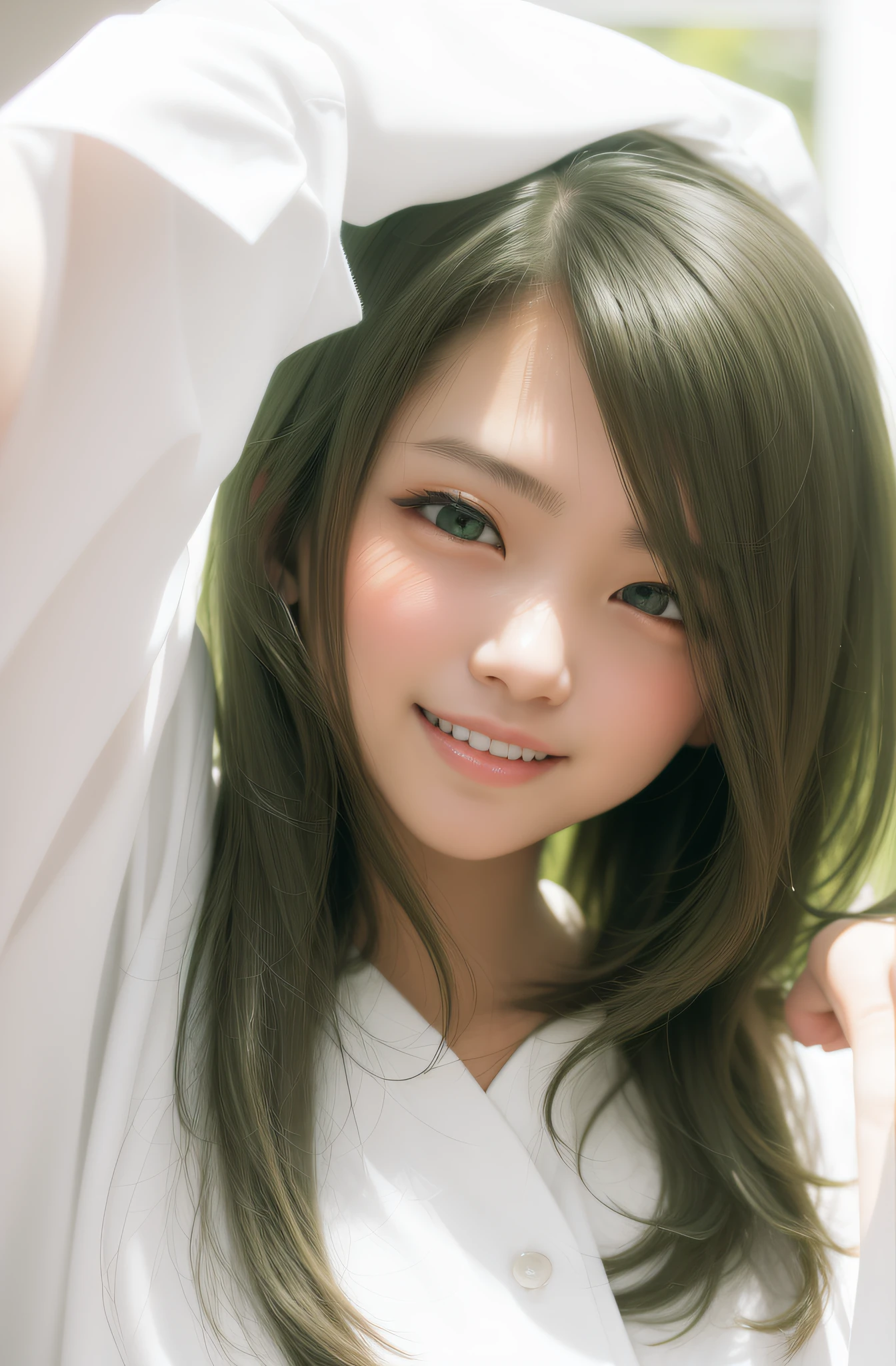 there is a woman that is smiling and posing for a picture, ayaka, beautiful japanese girls face, cute seductive smile, young cute wan asian face, young asian girl, close up iwakura lain, friendly seductive smile, anime thai girl, young pretty gravure idol, slight cute smile, coy smile, portrait of a japanese teen, young sensual gravure idol, green eyes