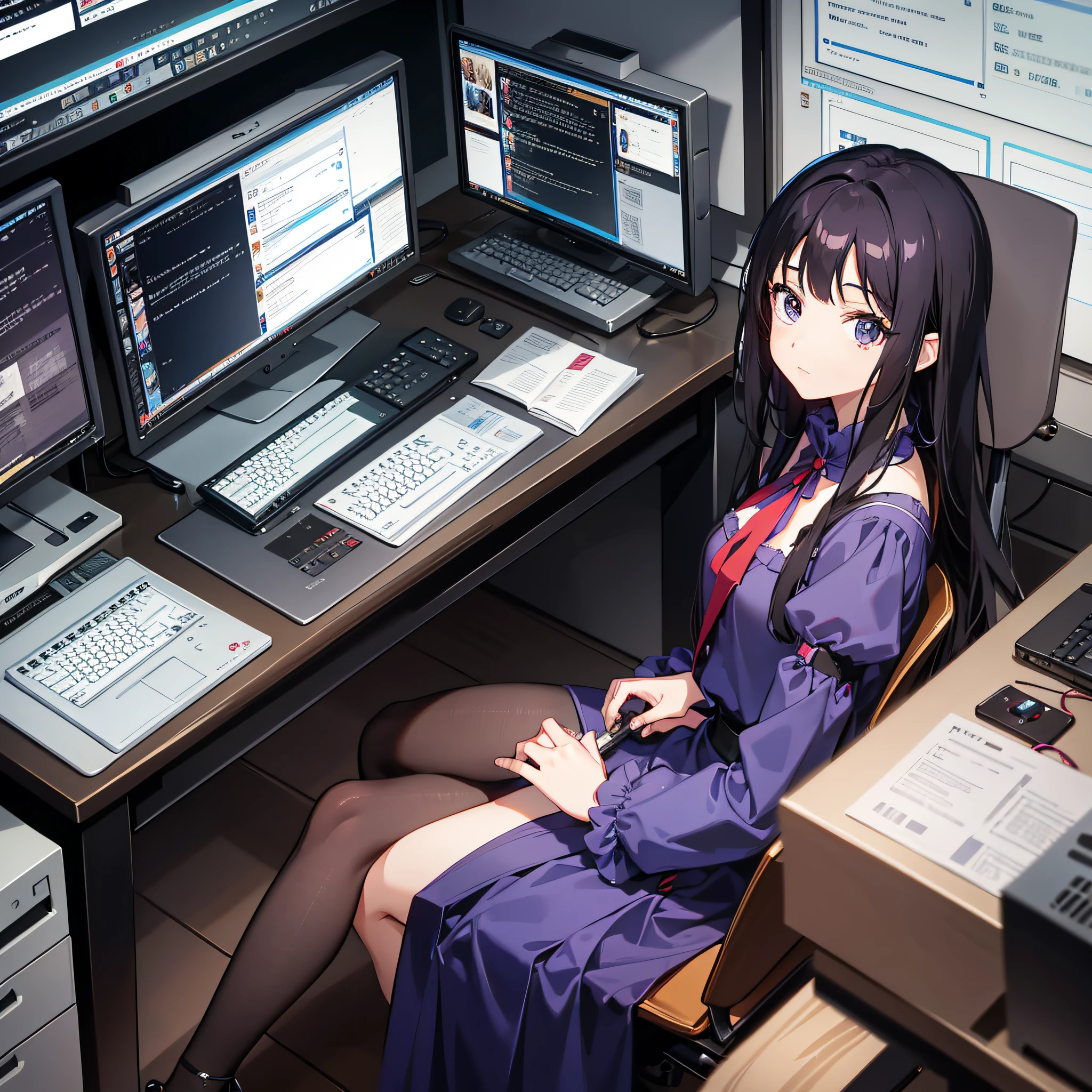 Screenshot of Anime Dark-haired girl in dress like aristocrats in medieval Europe stays at desk with computer and programming on computer in room full of gadgets 8K from 2000 in the style of Hayao Miyazaki, sharp high quality classic anime