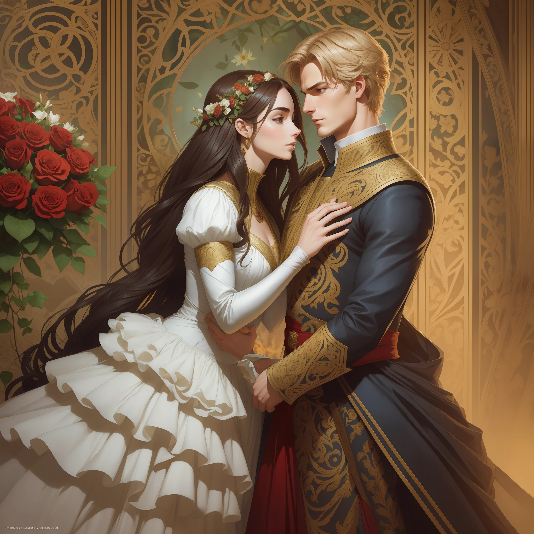 Couple kisses a home and a woman with much affection, the man Neels Visser is a prince who has golden blonde hair, wears a medieval military outfit and is in love with the commoner woman Lily Collins, who has curly brown black hair and wears a red dress, illustration of a romance book cover with a detailed background, smooth, bright full of ivy-covered flowers and red roses, castle, ornate dress standing on a bed of roses, rim light, dynamic lighting, ethereal lighting, ultra detail, conceptual art, elegant, surreal, art by Lisa Aisato, Greg Hildebrandt, Citemer Liu, Stjepan Sejic, Samyang, Aykut Aydogdu, Justin Gerard, Alphonse Mucha, Artgerm, WLOP and Greg Rutkowski