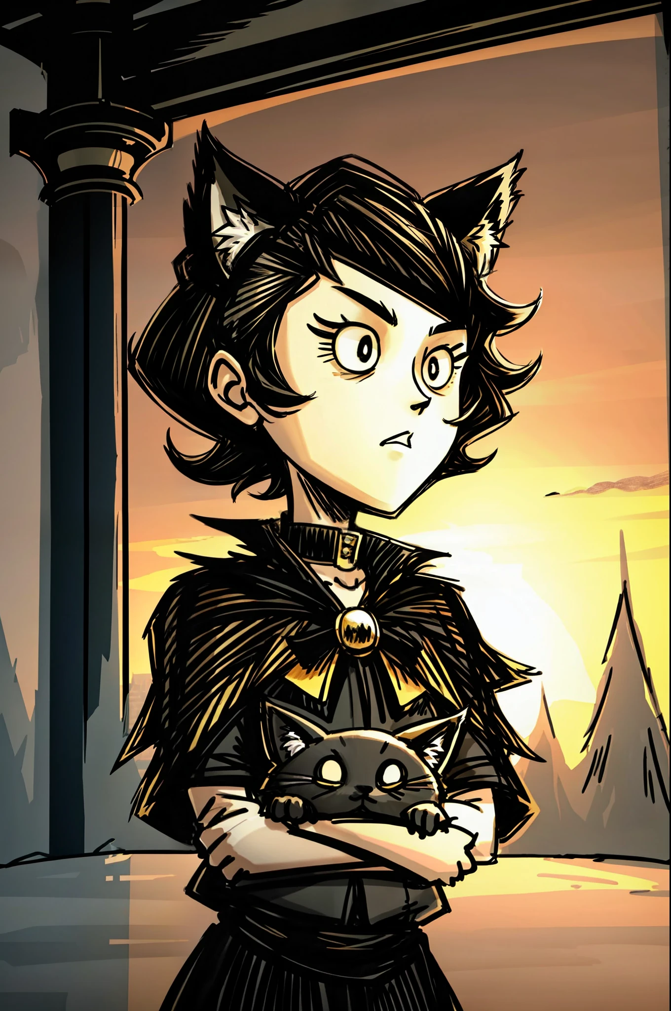 Don't go hungry style, masterpiece, best quality, ultra-detailed, illustration, 1girl, short black hair, tomboy, boyish hair, cat ears, black cloak, fluffy collar, sunset