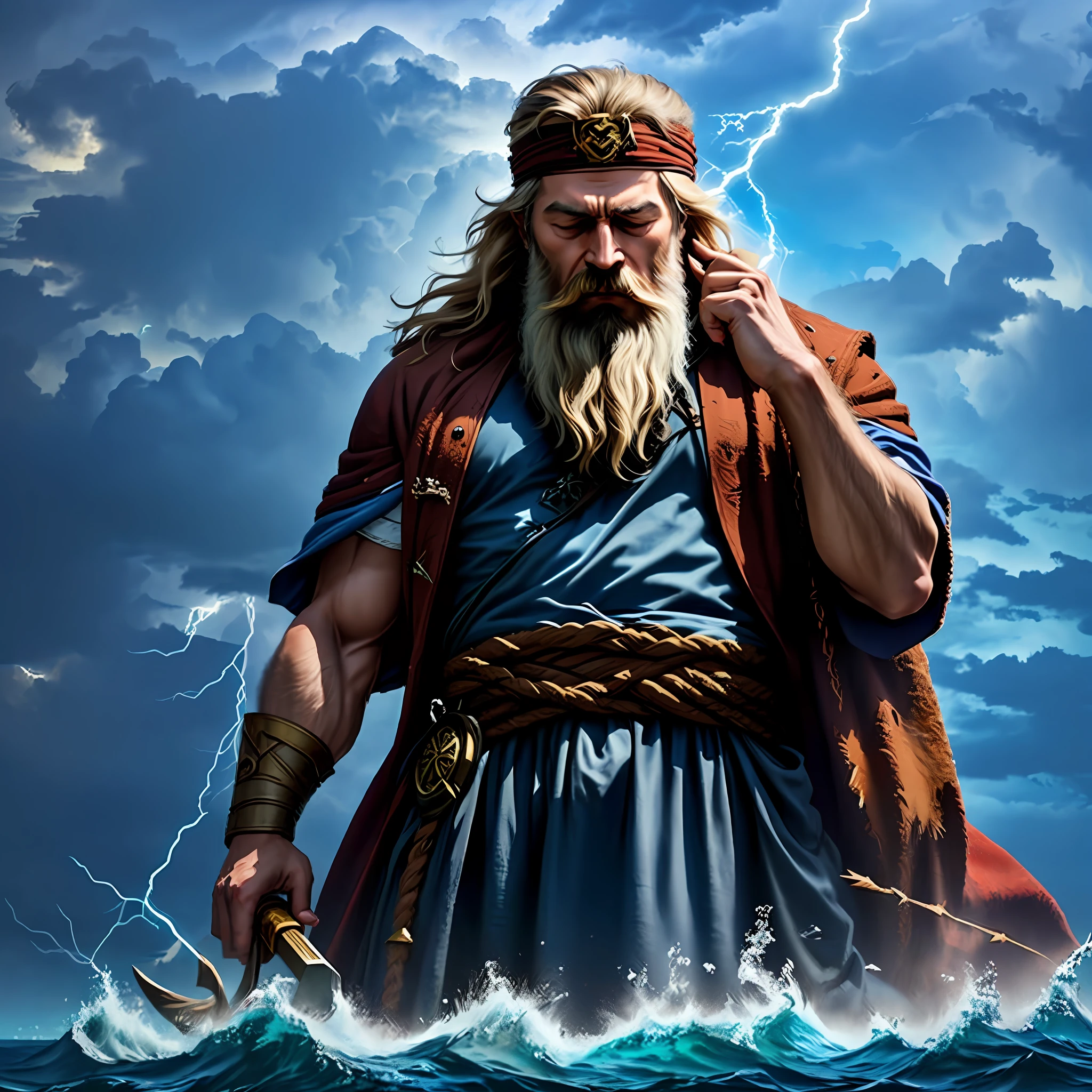 Odin. Photo of the face of bearded Odin with closed eyes. From under the sea. Multiple lightning bolts in the scenery