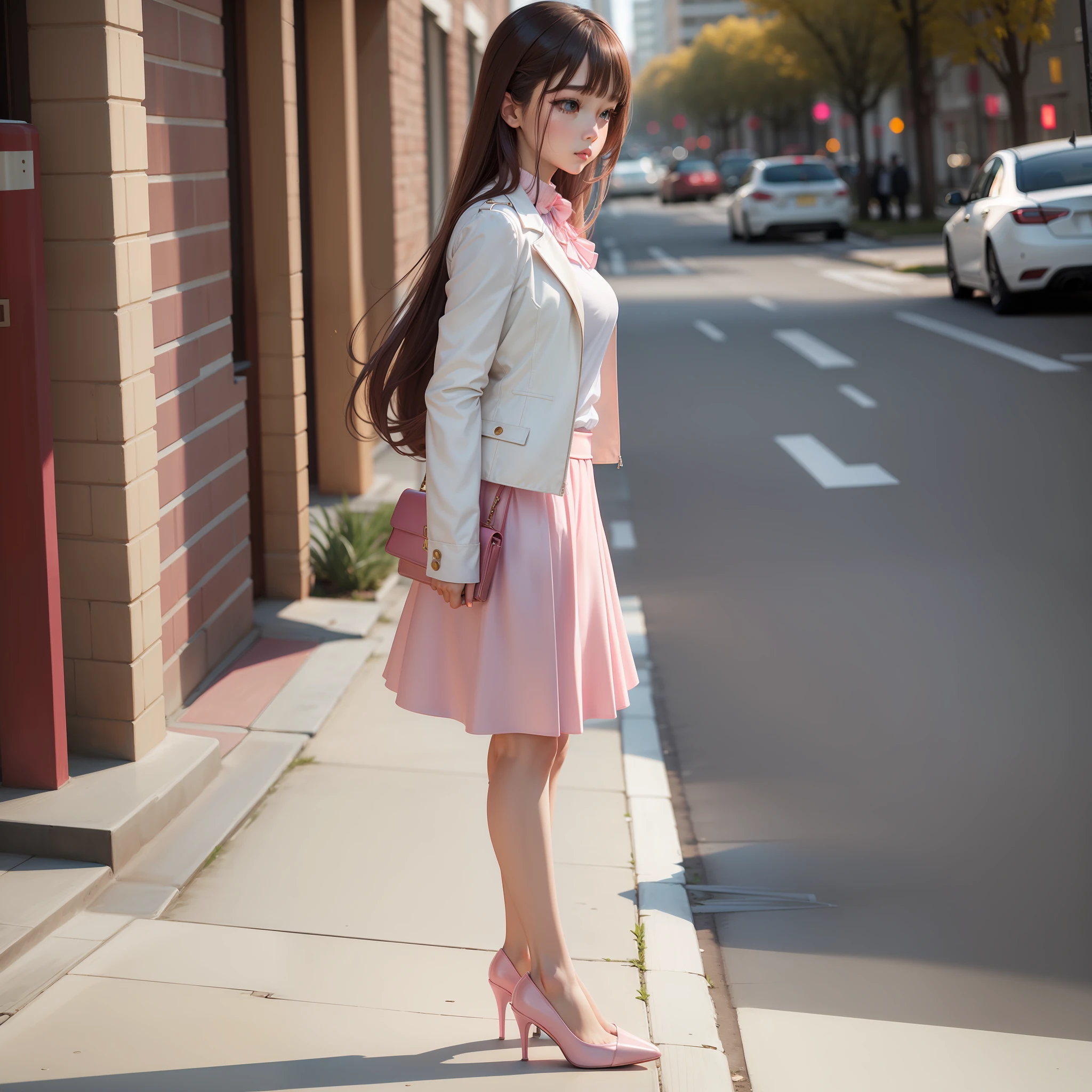 White long-sleeved jacket, pink skirt, pumps, long hair