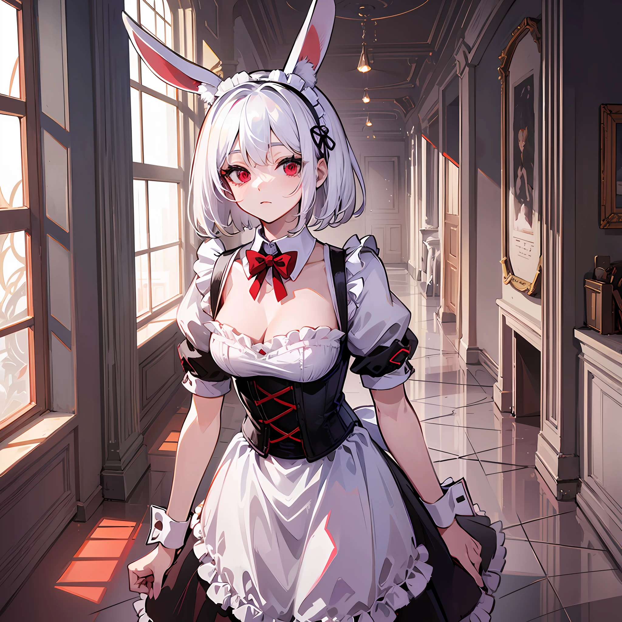 A woman, white hair, rabbit ears, red eyes, maid clothes, adult body, inside a room, short hair