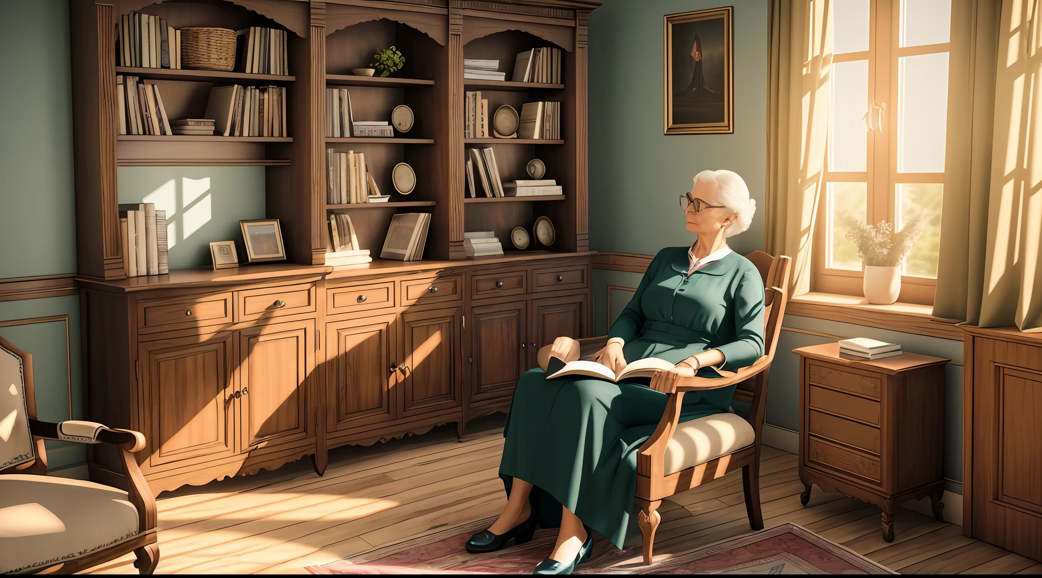 Woman sitting in the chair, woman of 50 years, air of mystery, realistic, photorealistic, 3D, telling a story, air of suspense, ultrarealistic, details in the environment, room with cabinets and books,, with light on, woman not so close, image grandangular --auto --s2