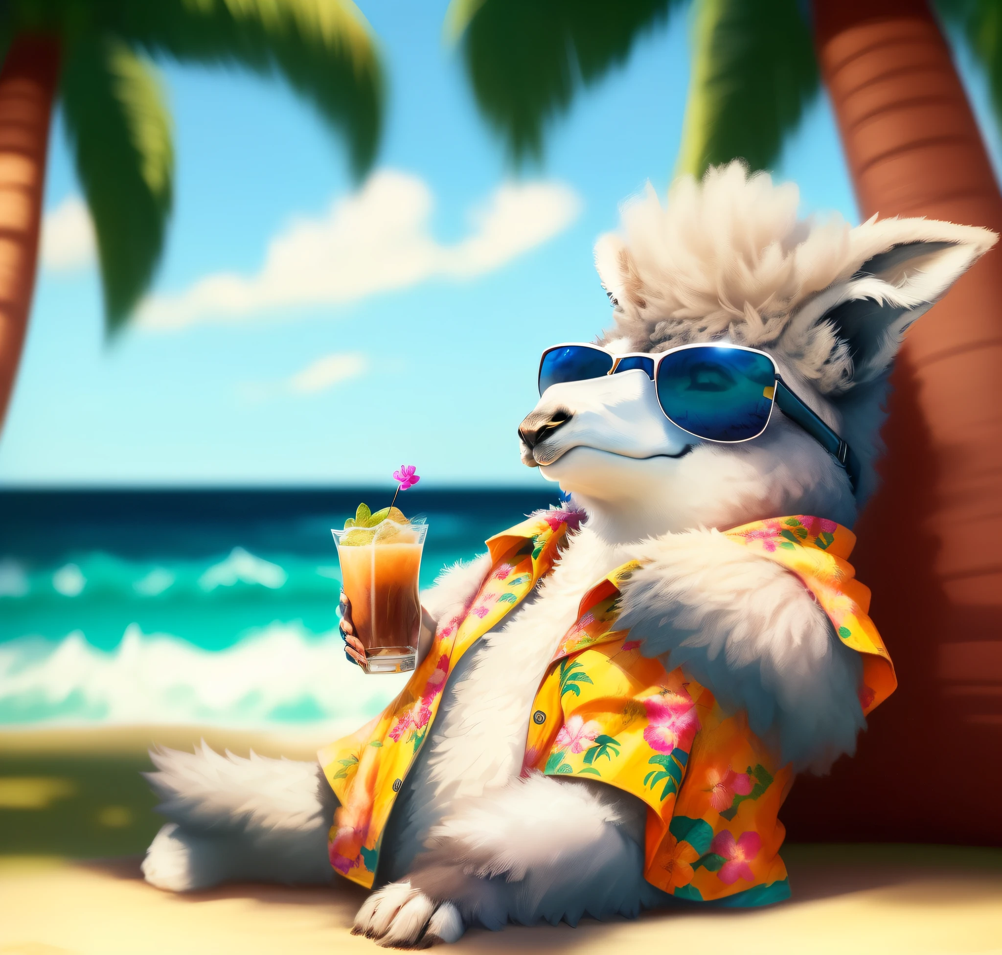A closeup of a llama wearing sunglasses and a Hawaiian shirt, furry digital art, is relaxing on a beach, furry art, furry fantasy art, furry character, anthropomorphic furry art, llama den portrait, furry art!!!, fursona wearing stylish clothes, relaxing on the beach, cute detailed digital art, adorable digital painting, HD wallpaper, 8K, uhd, severe low lighting, high quality, sharp focus, fujifilm XT3 --auto --s2