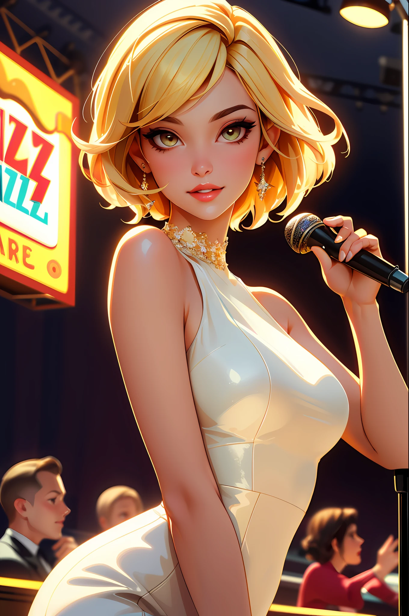 (Masterpiece, Top Quality: 1.4), Ultra Detailed, Soft Light, Cinematic Light, Film Grain, (Depth of Field), (1 Female, Solo: 1.4),, Perfect Female Shape, (Perfect Face, Detailed Face, Glossy Lips, Eyeliner), Short Hair, Blonde, Passionate and Soulful Jazz Singer Stands on the central stage, Jazz Bar with Background