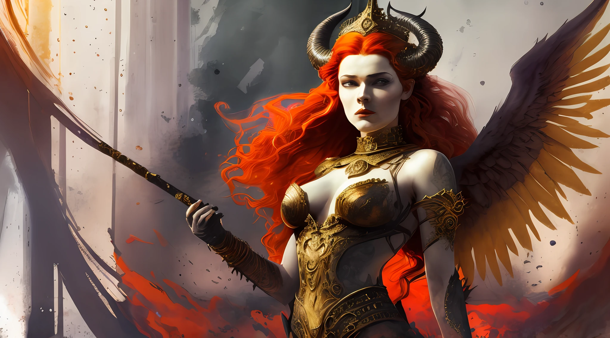 And Lilith, the absolute lady Of the rebellious and ill-regarded angels Fantastic realism, (Masterpiece) demon woman with golden horned crown on her head, curly red hair, surrounded in the background by black-cloaked vampires --auto --s2