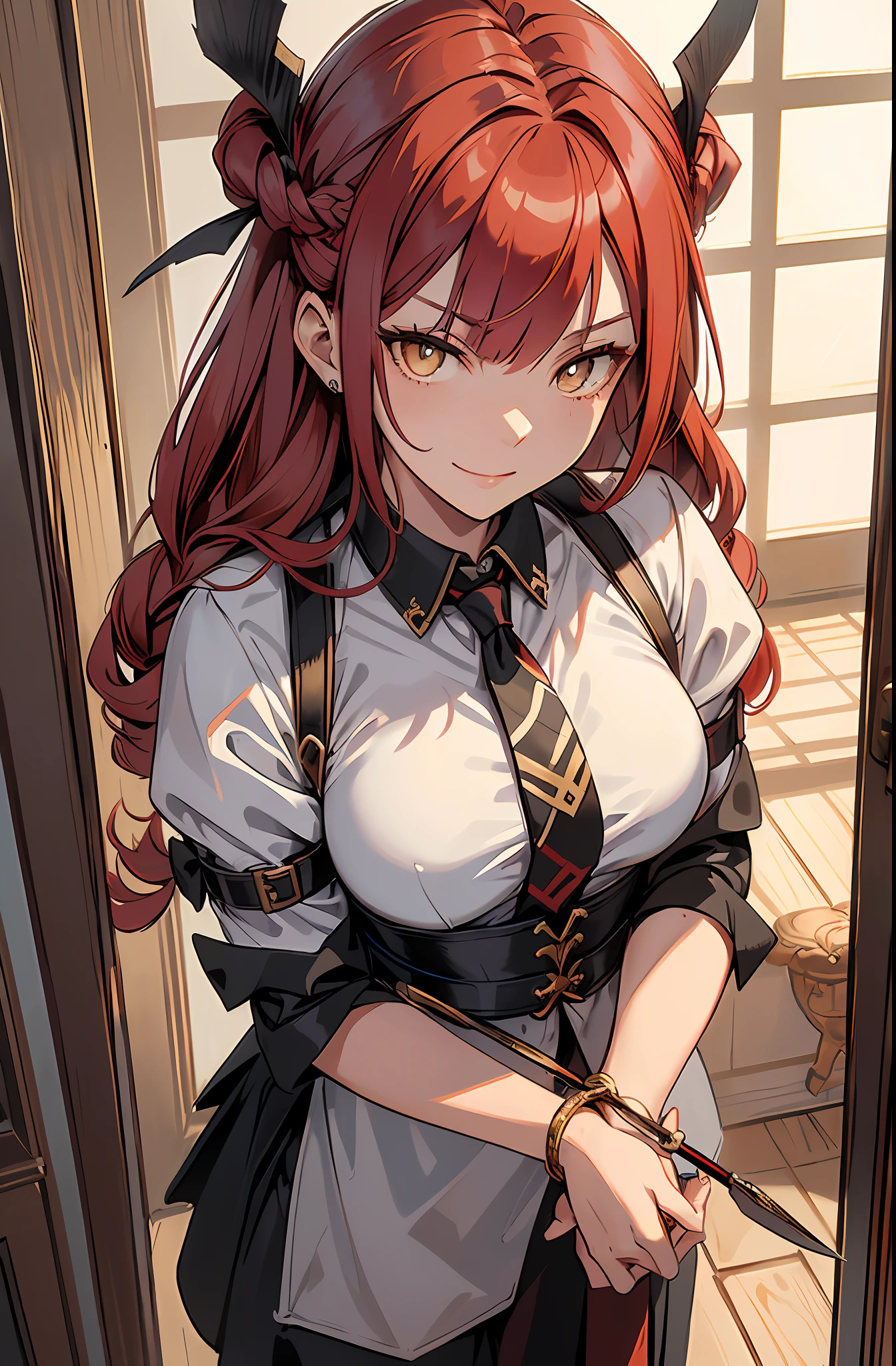 (((masterpiece))),(best quality), 1girl,solo, extremely detailed, detailed face,detailed eyes,illustration,2k,(full body:1.2),
makima \(chainsaw man\),standing, red hair, long braided hair, golden eyes, bangs, white shirt, necktie,(sinister smirk),
((In the corridor)),looking at viewer, the portrait is centered,(close-up:1.4),upper body,(from above:1.4),(wide-angle lens:1.2),(Fisheye effect:1.1),head sideways,evil,
looking at viewer, (bow one's head),(night),(Holding a knife:1.2),
scared, horrified,(constricted pupils:1.5),(crazy smile:1.2),