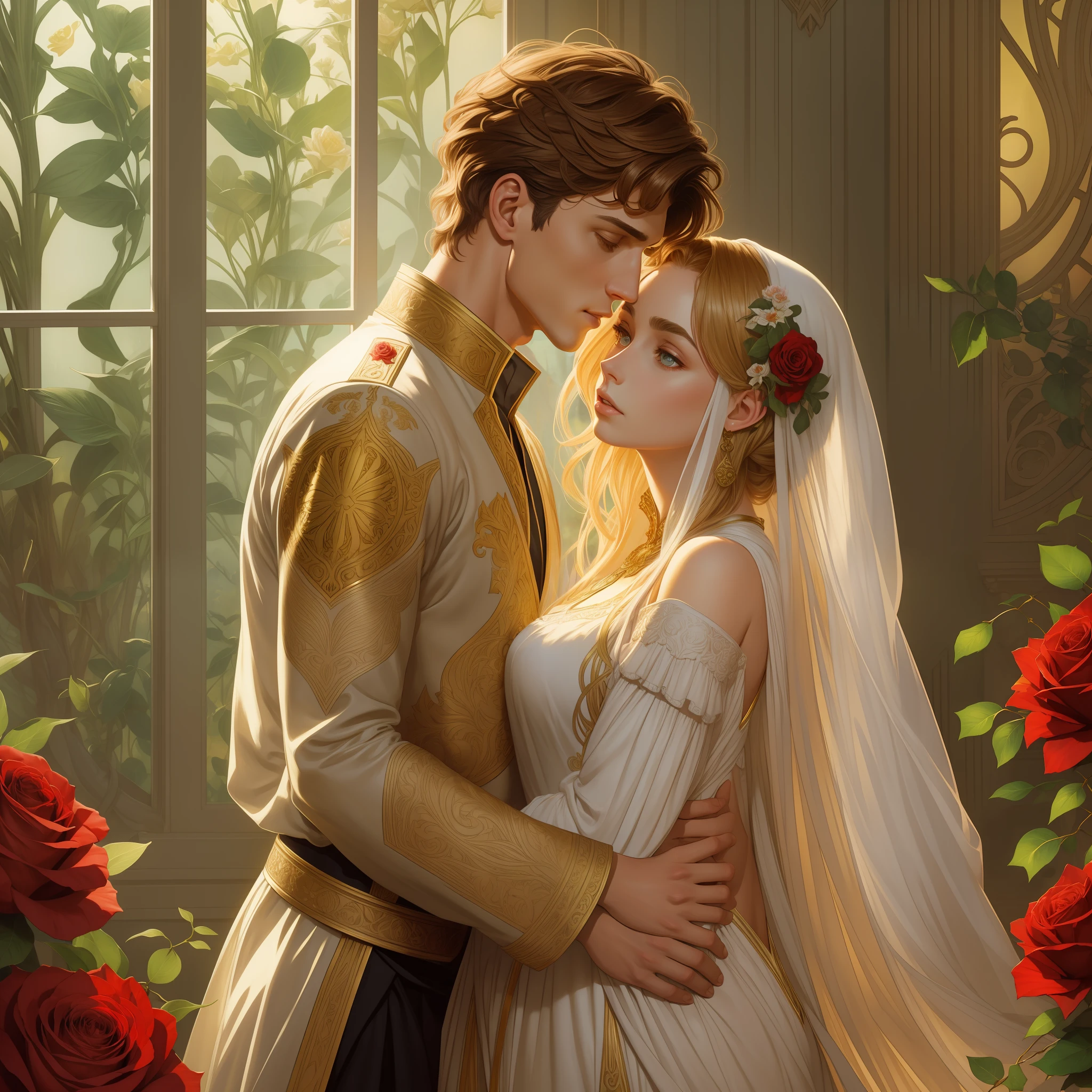 Couple kisses a home and a woman with much affection, the man Neels Visser is a prince who has golden blonde hair, wears a medieval military outfit and is in love with the commoner woman Lily Collins, who has curly brown black hair and wears a red dress, illustration of a romance book cover with a detailed background, smooth, bright full of ivy-covered flowers and red roses, castle, ornate dress standing on a bed of roses, rim light, dynamic lighting, ethereal lighting, ultra detail, conceptual art, elegant, surreal, art by Lisa Aisato, Greg Hildebrandt, Citemer Liu, Stjepan Sejic, Samyang, Aykut Aydogdu, Justin Gerard, Alphonse Mucha, Artgerm, WLOP and Greg Rutkowski