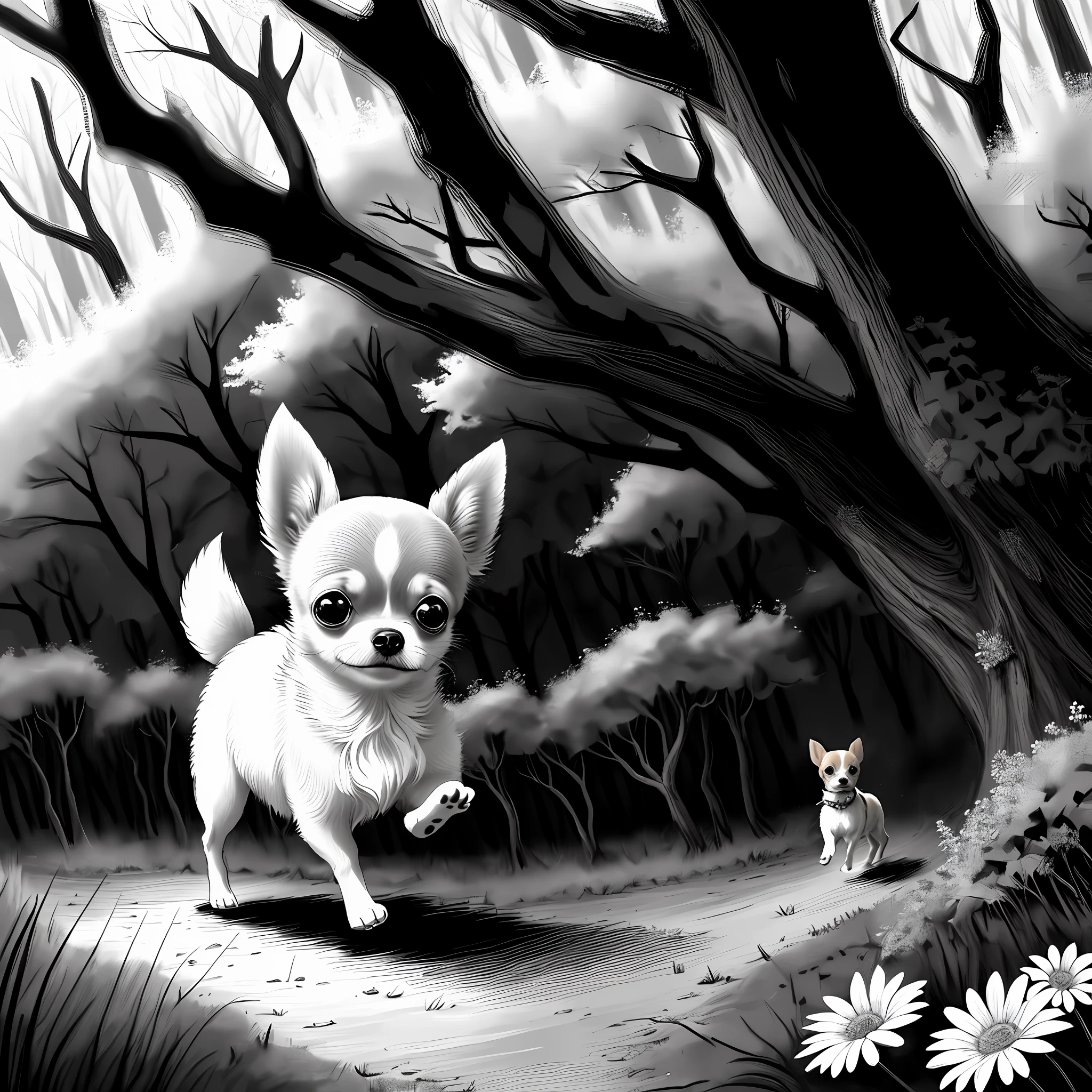 Ilustração plana, cute and small chihuahua dog, fluffy, in the forest with trees and flowers, running, without colors