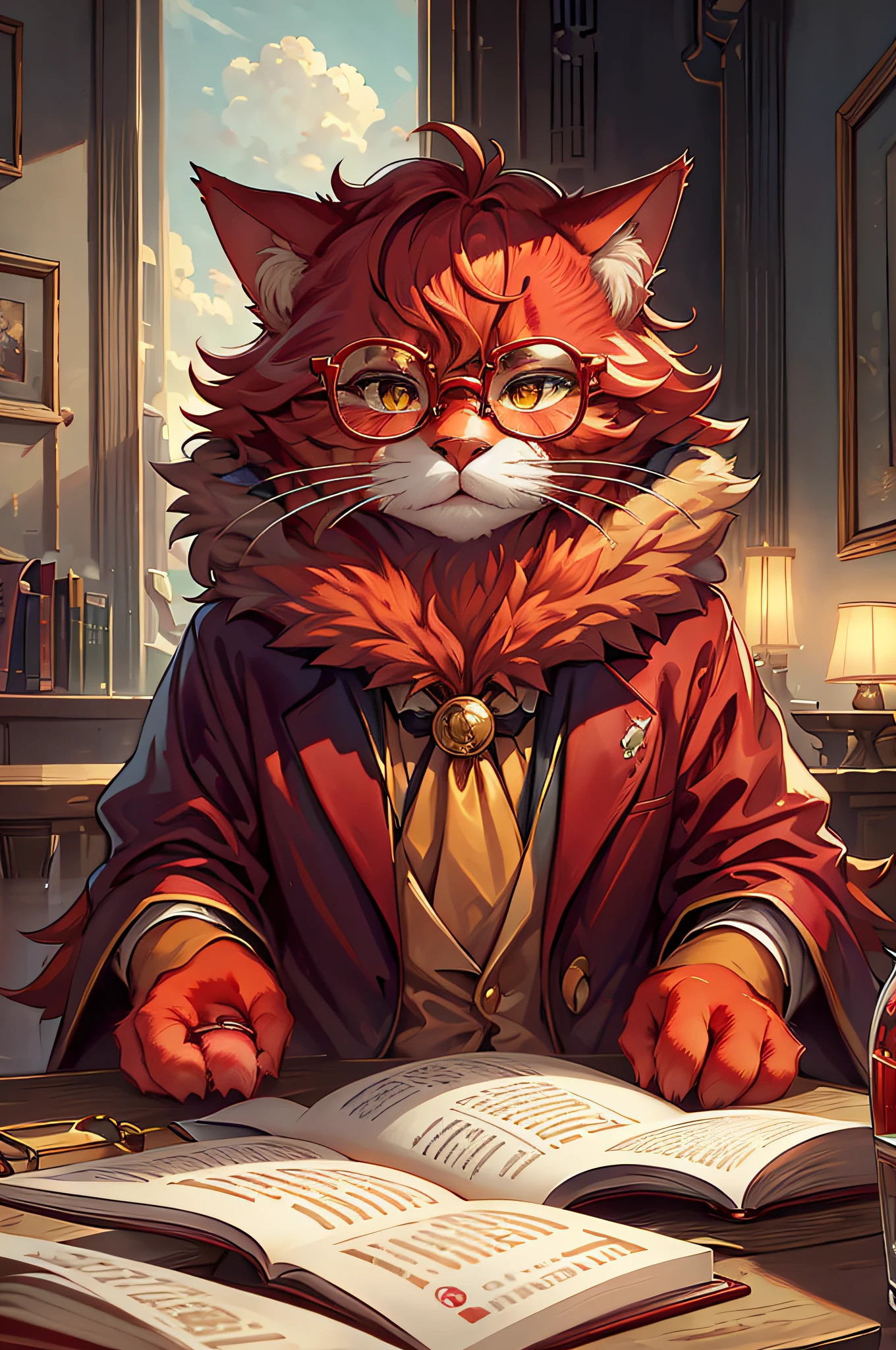 masterpiece, high quality, best quality, beautiful, hd, perfect lighting, ((bright red fur cat)),suit, (round glasses), read book, café, c4ttitud