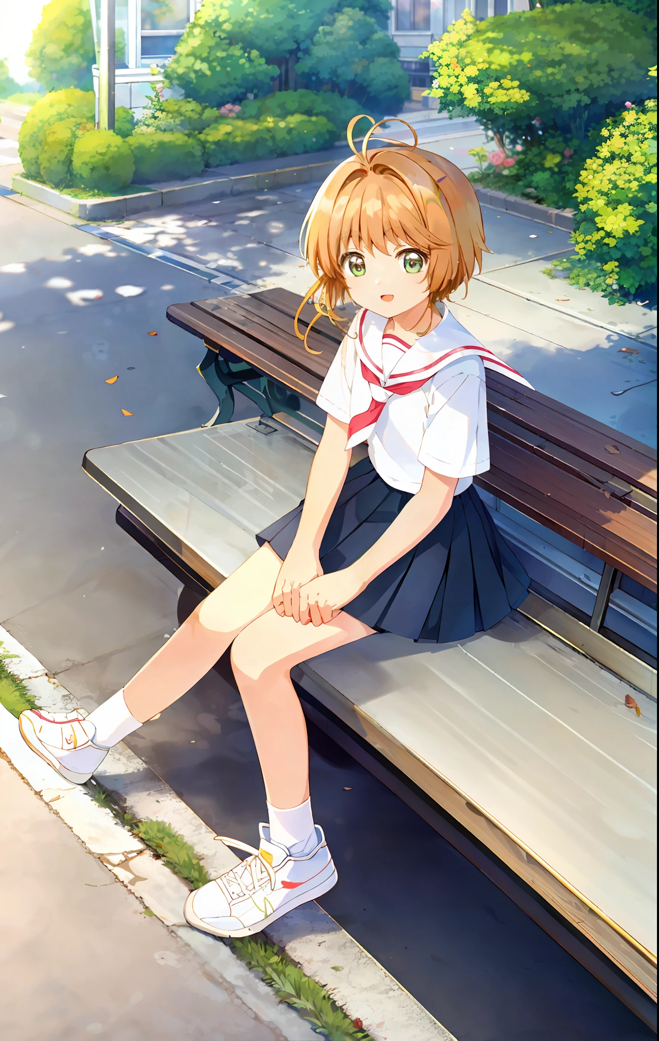 Masterpiece, best quality, 1girl, solo, kinomo rose to sakura, skirt, sneakers, socks, street, cherry leaves falling, riding sitting on bike, school.