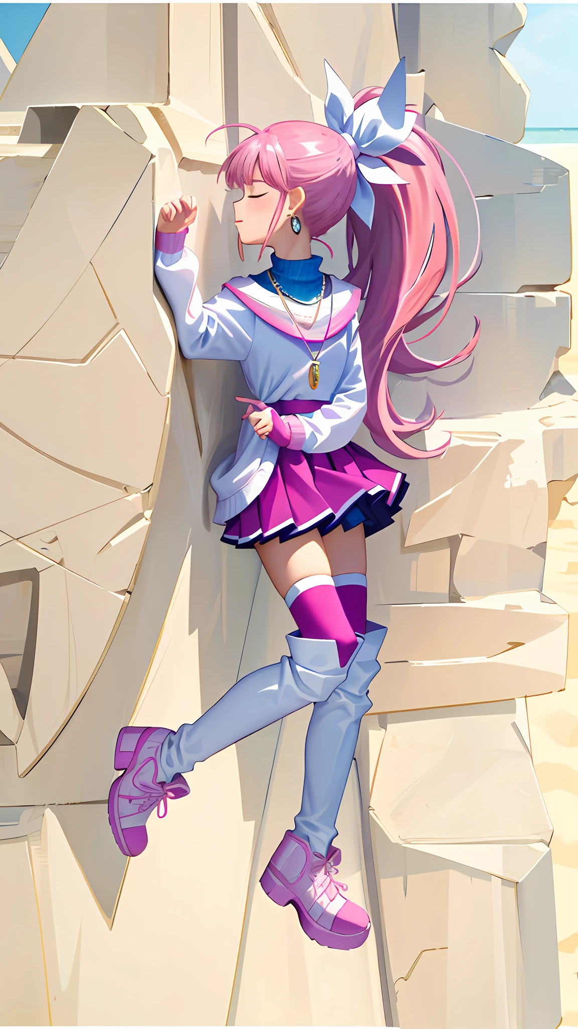 (Masterpiece: 1.5), (Best quality: 1.5), 8k,1 girl, closed eyes, pink hair, single ponytail, white top, pink pleated skirt, pink over-the-knee socks, white long boots, sapphire earrings, sapphire necklace, simple background, beach