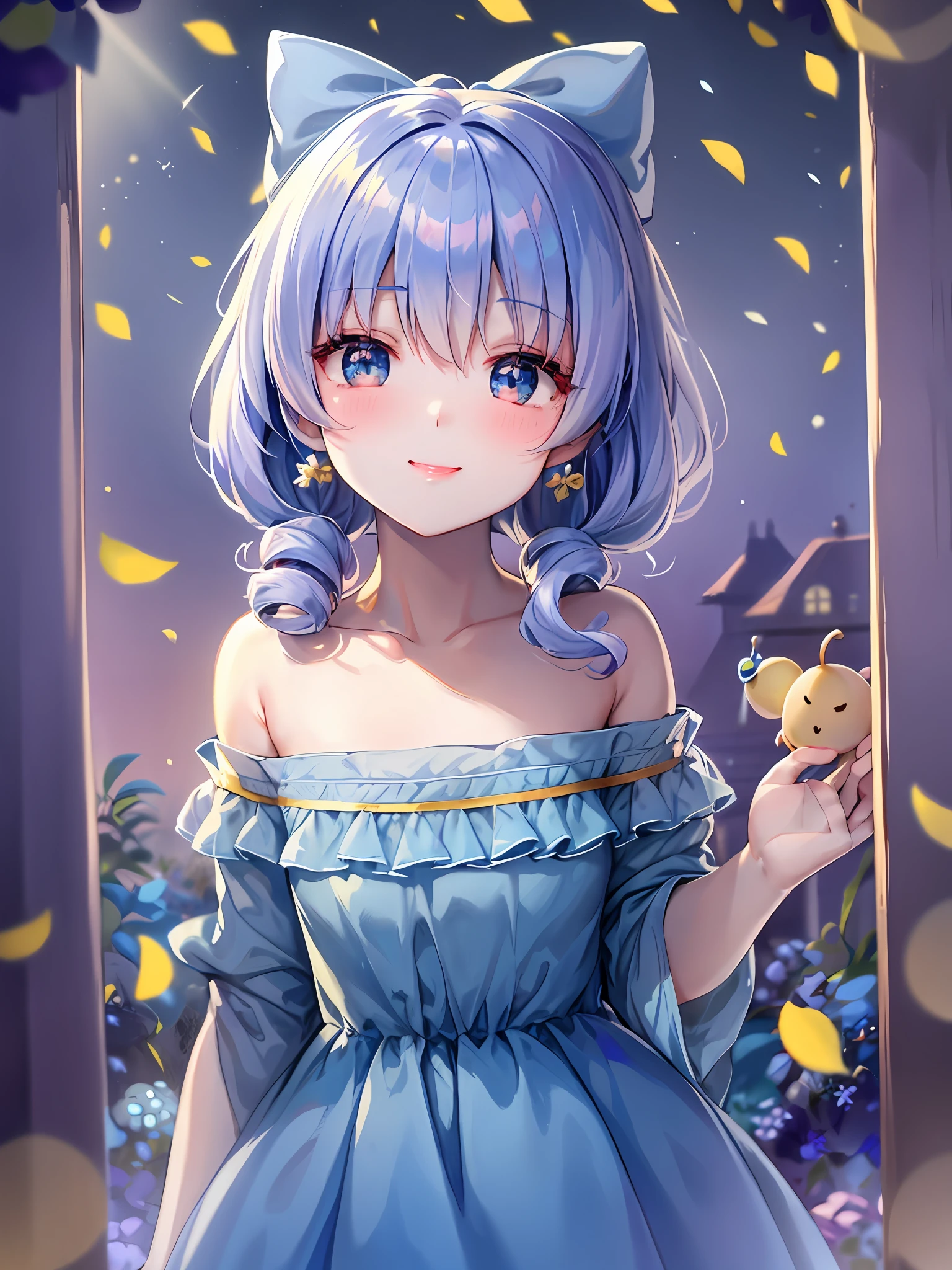 Bubble head, small dimples when smiling, colorful bows: 1.3, foreign blue dress, small and delicate little animals, dreamy mirror effect, white frosting, colorful candy, round and sweet lips, eyes like pear blossoms with rain, charming earrings, forest in the sun, flower fields, light butterflies, waiting for you to catch."