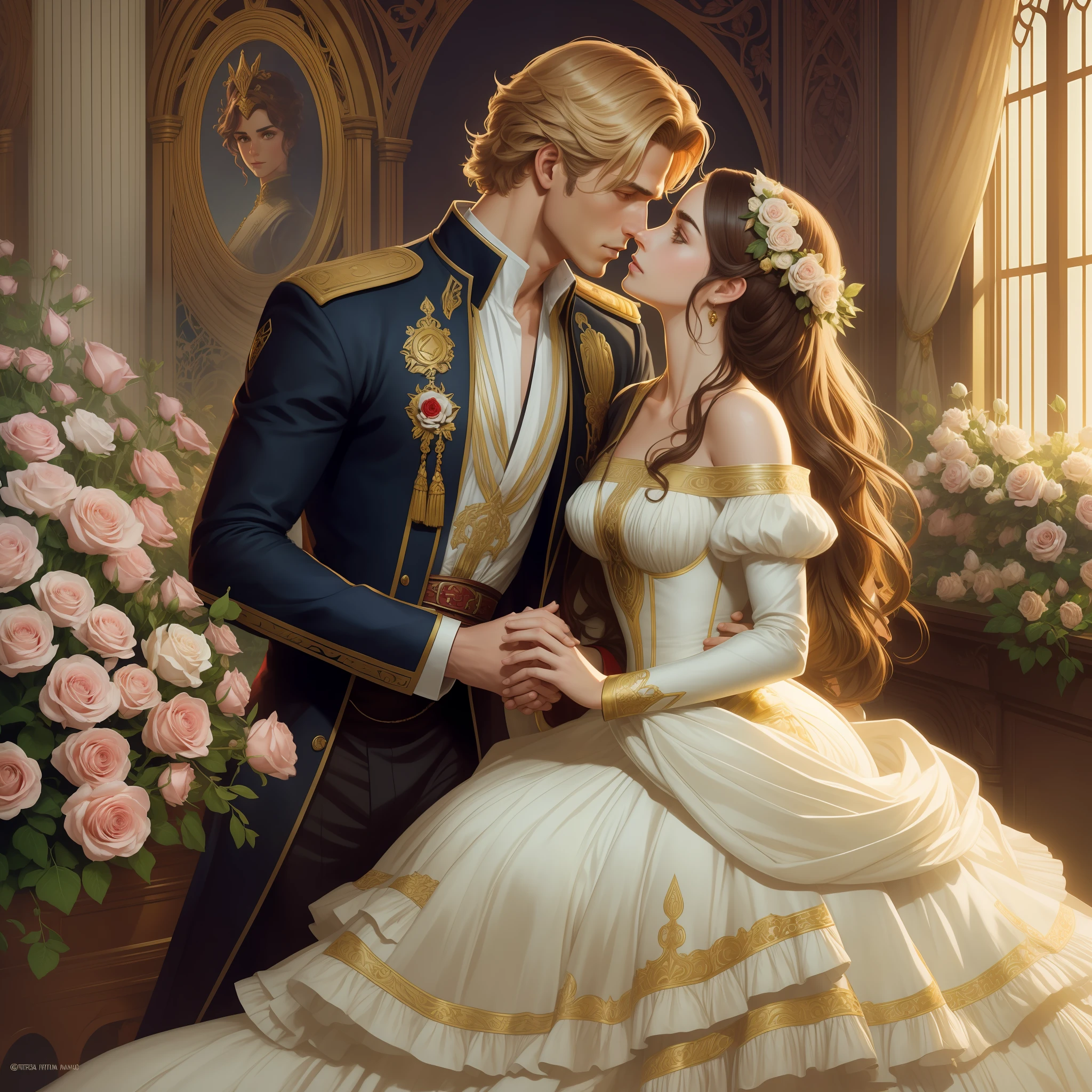 Couple kisses a home and a woman with much affection, the man Neels Visser is a prince who has golden blonde hair, wears a medieval military outfit and is in love with the commoner woman Lily Collins, who has curly brown black hair and wears a red dress, illustration of a romance book cover with a detailed background,  smooth, bright full of ivy-covered flowers and red roses, castle, ornate dress standing on a bed of roses, rim light, dynamic lighting, ethereal lighting, ultra detail, conceptual art, elegant, surreal, art by Lisa Aisato, Greg Hildebrandt, Citemer Liu, Stjepan Sejic, Samyang, Aykut Aydogdu, Justin Gerard, Alphonse Mucha, Artgerm, WLOP and Greg Rutkowski