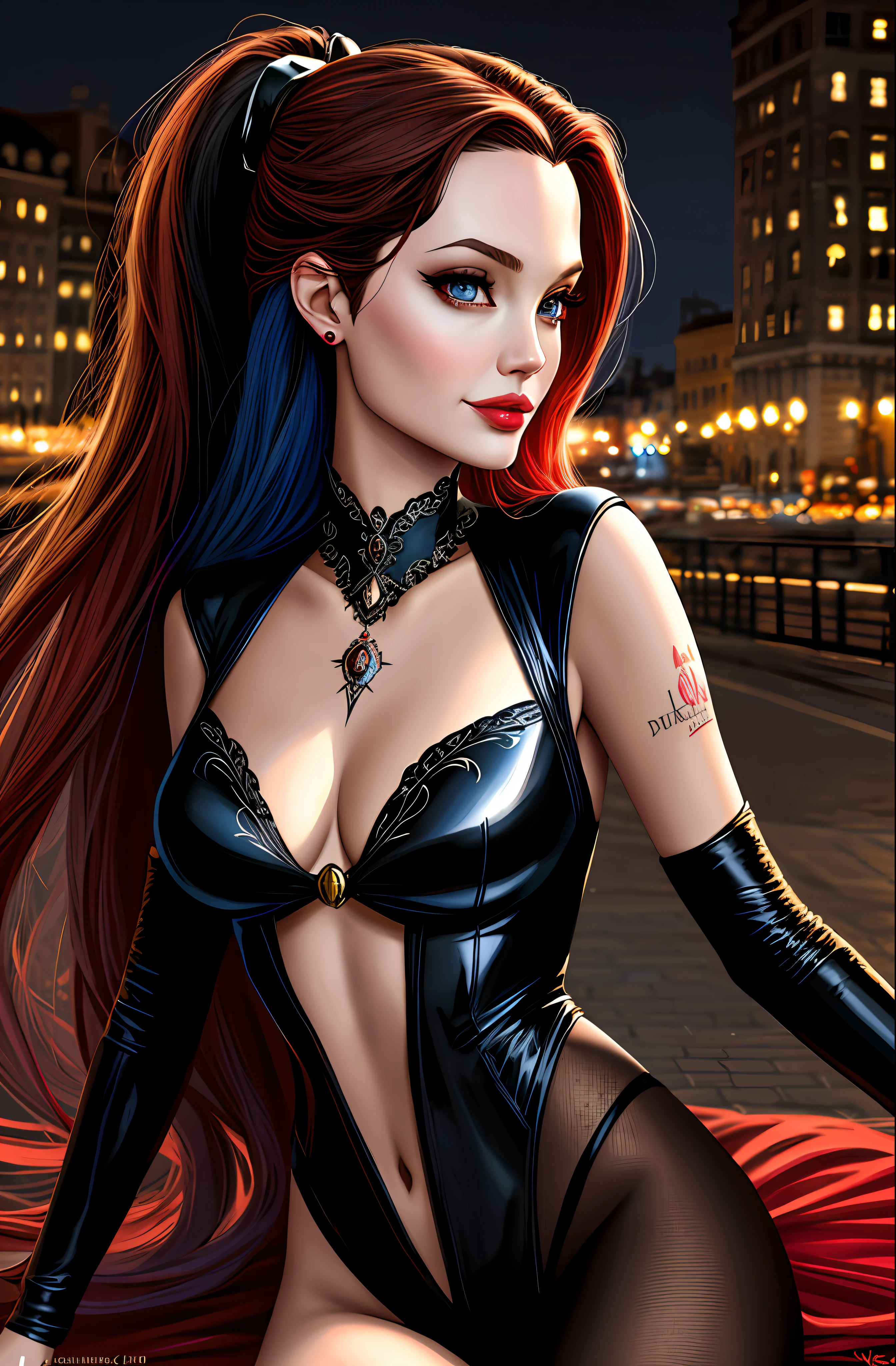 Angelina Jolie Harley Quinn of DC Comics beautiful Hungarian woman, intricately decorated, realistic rendering Character design, photorealistic, unreal mechanism, hyperdetailed. ((best quality)), ((masterpiece)), ((realistic)), (detailed), close-up portrait, full-body portrait, blue eyes, black and red costume, highly detailed skin and hair, looking at the viewer, stunning gradient colors, sadistic smile, detailed background, city at night, detailed mouth, incredibly detailed, ((masterpiece)), absurdities, HDR.