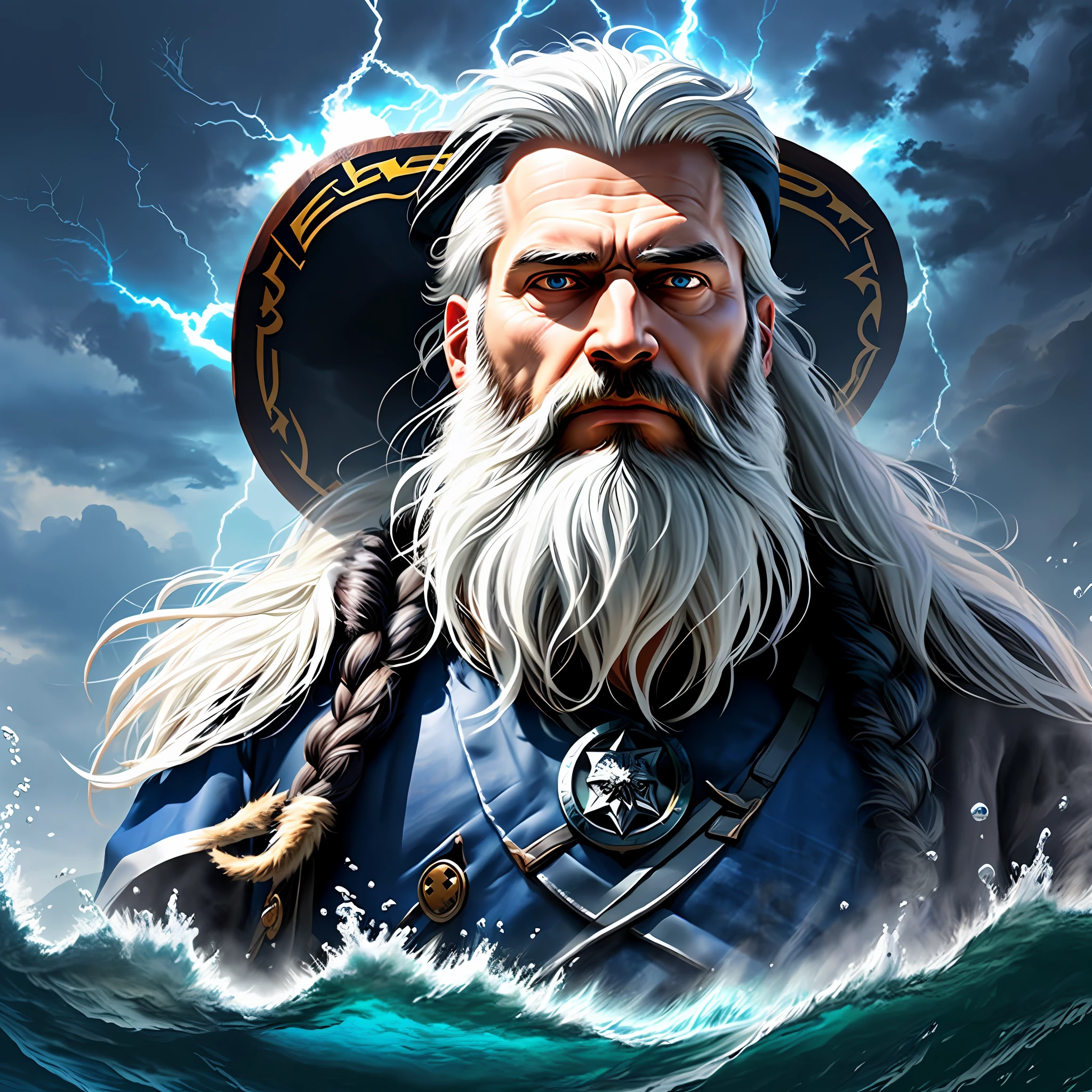 Odin. Photo of Odin's bearded face. Imposing look. From under the sea. White hair. Several lightning bolts in the scenario. Digital art. Abstract digital art.