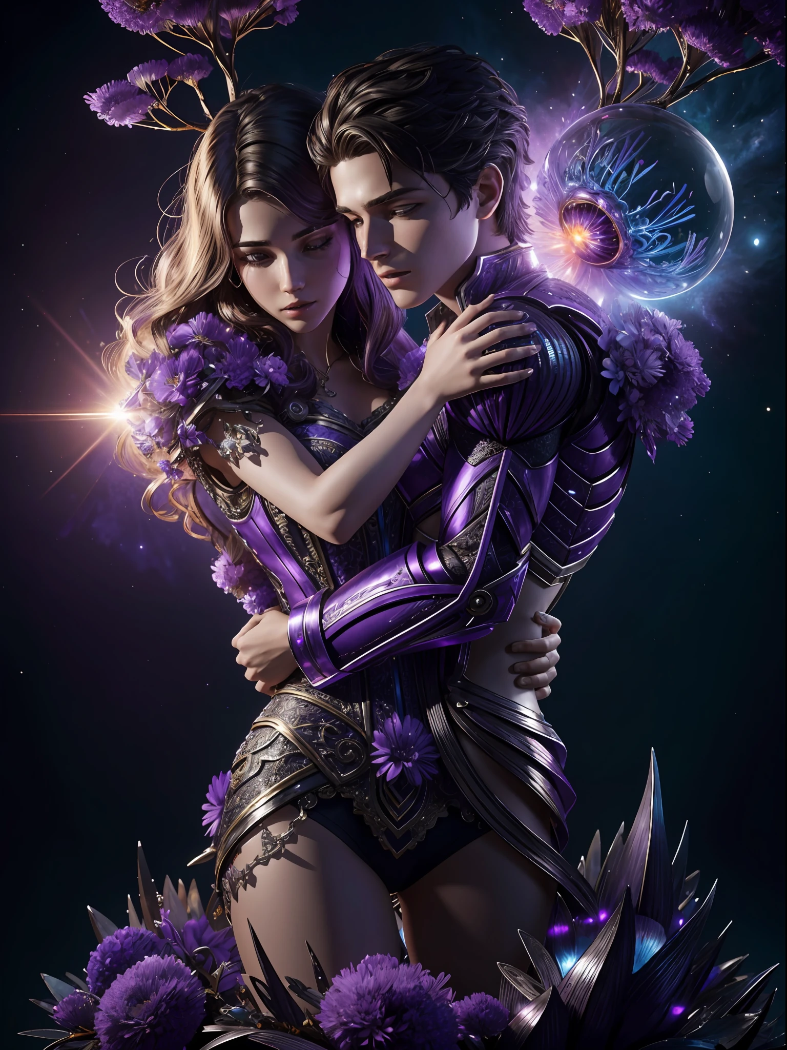 Incredible and spectacular scenes, ((high quality)), ((detailed)), ((fantasy)), "purple plasma brain, purple plasma body, realistic, best quality, 4K, flowers trapped in blisters at the top realistic, (handsome teenager and beautiful girl hugging), full body portrait", image quality (3D rendering effect) , exquisite details,