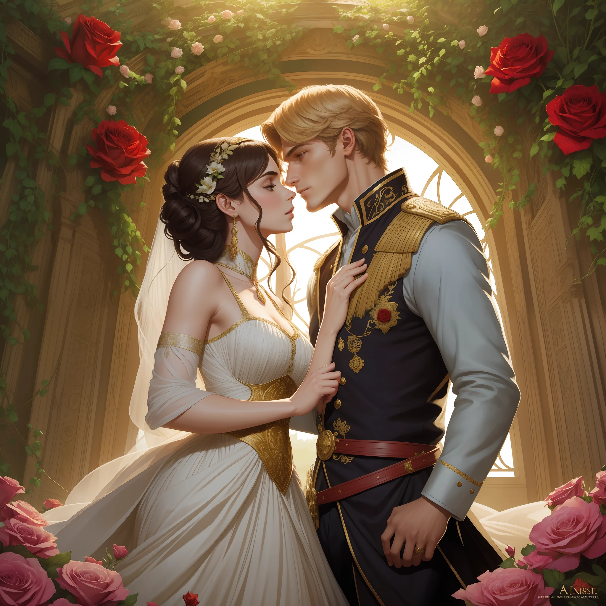 Couple kisses a home and a woman with much affection, the man Neels Visser is a prince who has golden blonde hair, wears a medieval military outfit and is in love with the commoner woman Lily Collins, who has curly brown black hair and wears a red dress, illustration of a romance book cover with a detailed background, smooth, bright full of ivy-covered flowers and red roses, castle, ornate dress standing on a bed of roses, rim light, dynamic lighting, ethereal lighting, ultra detail, conceptual art, elegant, surreal, art by Lisa Aisato, Greg Hildebrandt, Citemer Liu, Stjepan Sejic, Samyang, Aykut Aydogdu, Justin Gerard, Alphonse Mucha, Artgerm, WLOP and Greg Rutkowski