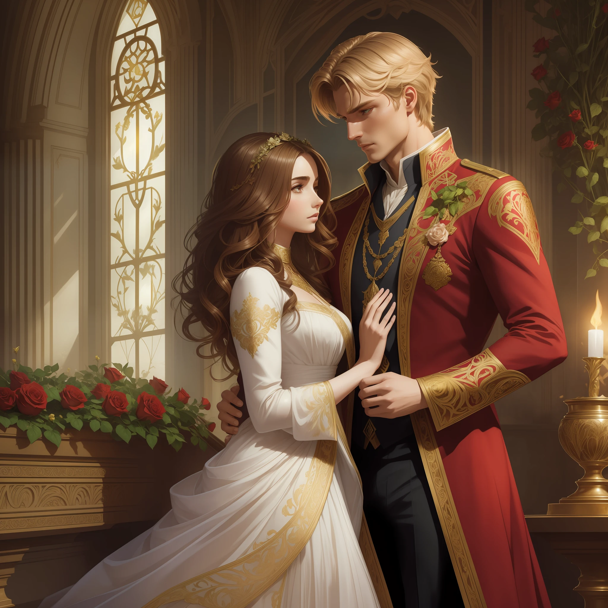 Couple kisses a home and a woman with much affection, the man Neels Visser is a prince who has golden blonde hair, wears a medieval military outfit and is in love with the commoner woman Lily Collins, who has curly brown black hair and wears a red dress, illustration of a romance book cover with a detailed background, smooth, bright full of ivy-covered flowers and red roses, castle, ornate dress standing on a bed of roses, rim light, dynamic lighting, ethereal lighting, ultra detail, conceptual art, elegant, surreal, art by Lisa Aisato, Greg Hildebrandt, Citemer Liu, Stjepan Sejic, Samyang, Aykut Aydogdu, Justin Gerard, Alphonse Mucha, Artgerm, WLOP and Greg Rutkowski