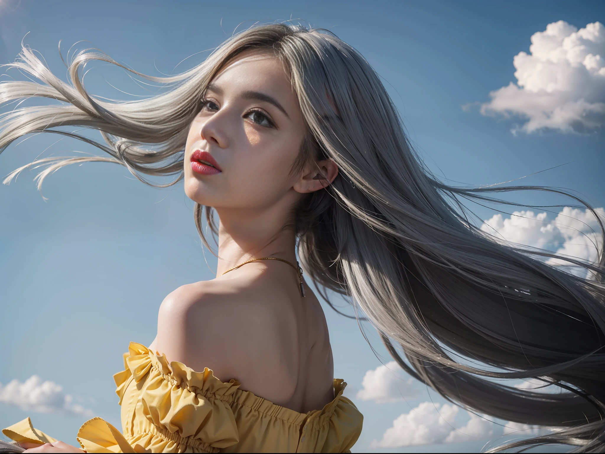 Arms spread wide, high place, back figure, back figure, as if looking up to the heavens, wearing a simple yellow long dress, towards the sky, ultra-realistic detailed portrait, fantastic background, the wind is blowing from her front, beautiful long gray hair is fluttering behind her, very strong wind, beautiful, very detailed gray hair, back figure, very detailed natural texture, in-frame, movie post-processing, movie scenes, movie lighting, 16k, super realism, insanely detailed,