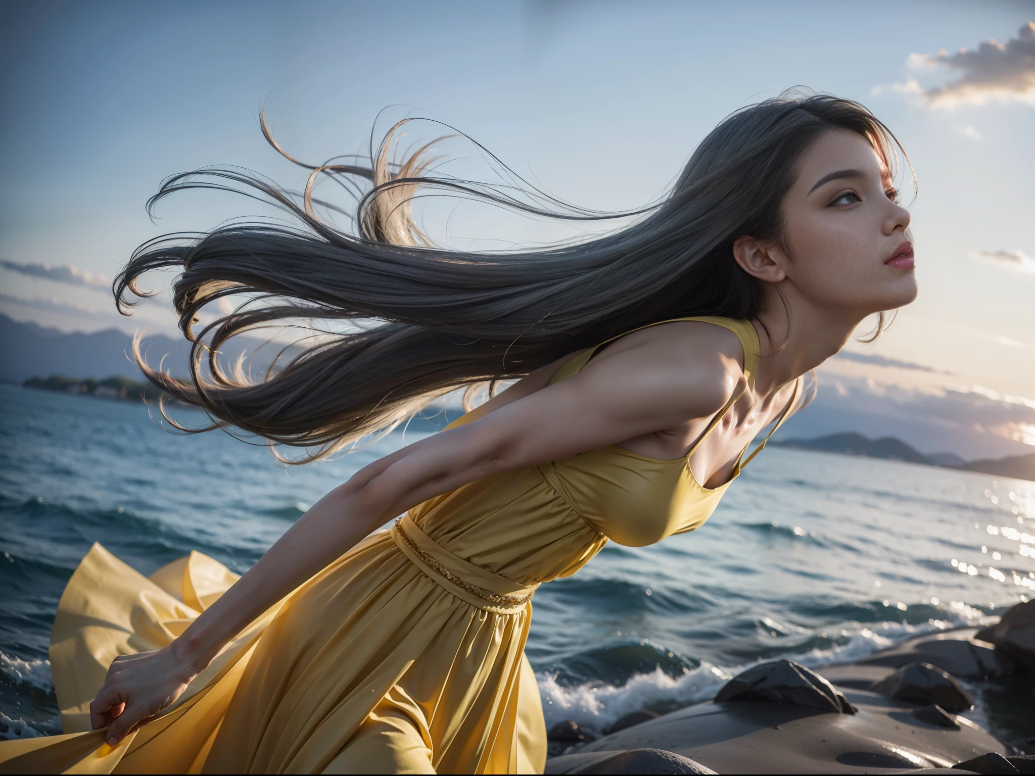 Arms spread wide, high place, back figure, back figure, as if looking up to the heavens, wearing a simple yellow long dress, towards the sky, ultra-realistic detailed portrait, fantastic background, the wind is blowing from her front, beautiful long gray hair is fluttering behind her, very strong wind, beautiful, very detailed gray hair, back figure, very detailed natural texture, in-frame, movie post-processing, movie scenes, movie lighting, 16k, super realism, insanely detailed,