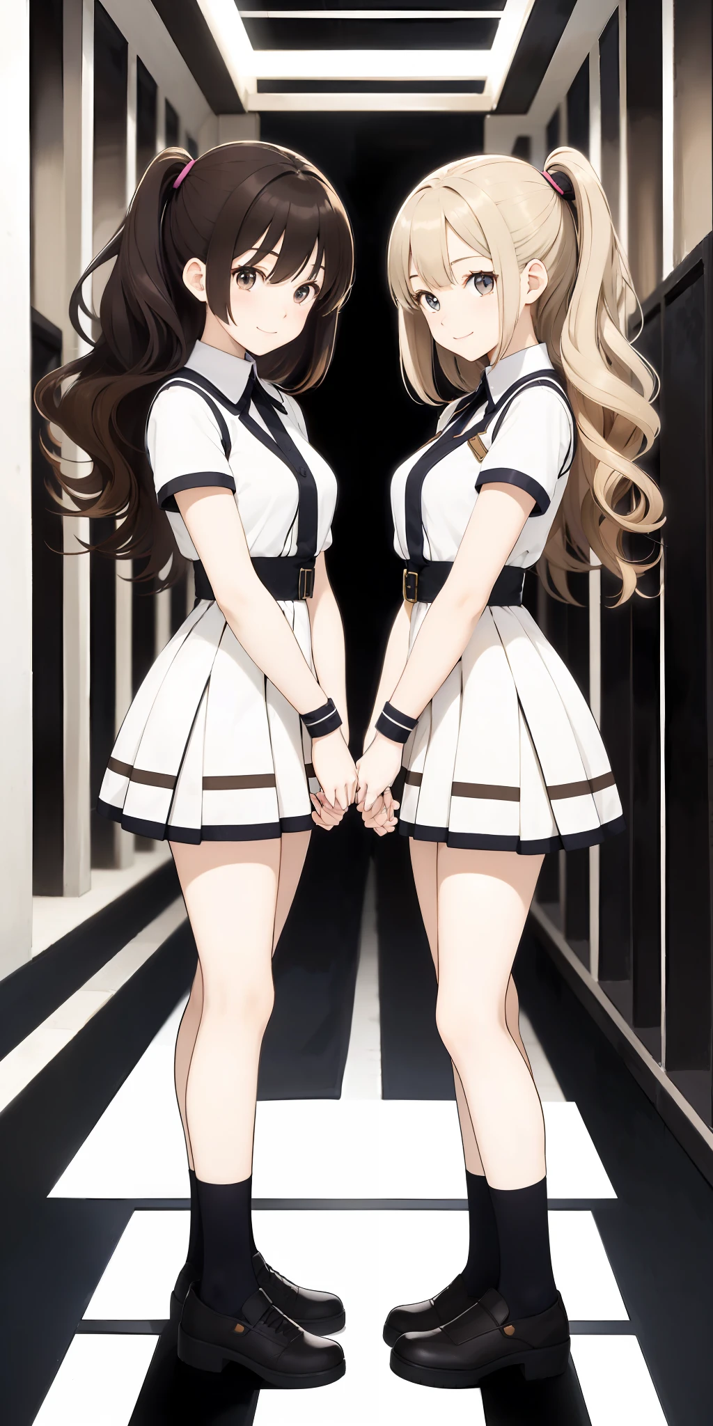 perfect anime illustration, 2girls, twin sisters, identical sisters, brown hair, blonde hair, (1 blonde girl, 1 brown haired girl, different hair colors), curly hair, matching hairstyle, hazel eyes, smiling, ((matching outfits)), matching hairstyles, white background, highres, full body, pose