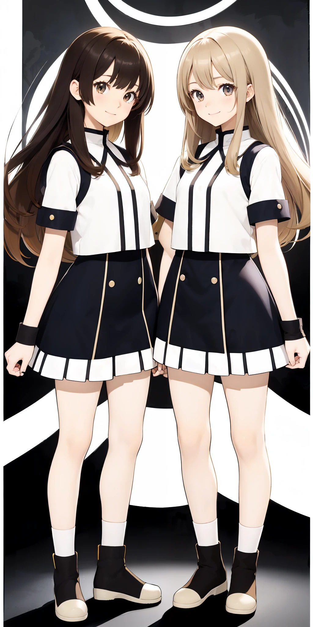 perfect anime illustration, 2girls, twin sisters, identical sisters, brown hair, blonde hair, (1 blonde girl, 1 brown haired girl, different hair colors), curly hair, matching hairstyle, hazel eyes, smiling, ((matching outfits)), matching hairstyles, white background, highres, full body, pose