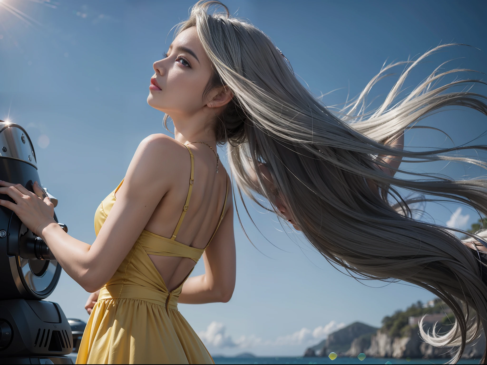 Arms spread wide, high place, back figure, back figure, as if looking up to the heavens, wearing a simple yellow long dress, towards the sky, ultra-realistic detailed portrait, fantastic background, the wind is blowing from her front, beautiful long gray hair is fluttering behind her, very strong wind, beautiful, very detailed gray hair, back figure, very detailed natural texture, in-frame, movie post-processing, movie scenes, movie lighting, 16k, super realism, insanely detailed,