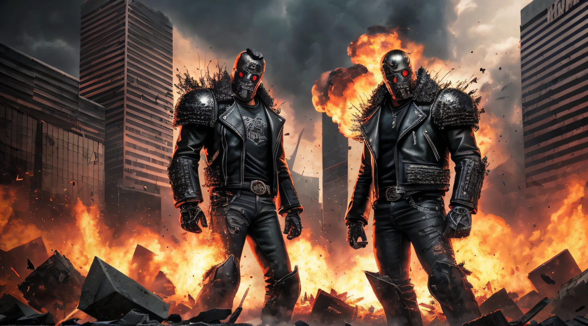 a closeup of QUARTER men in leather jackets, destruction, heavy metal band promotion, 4k destruction, devastation, destructive, total destruction, smoke and destruction, official art, destruction around you, desolation, demolition, heavy rock band promo photo, city destruction, thrash metal, distortion, massive destruction, destroyed, detonation, robot destruction, cosmic destruction