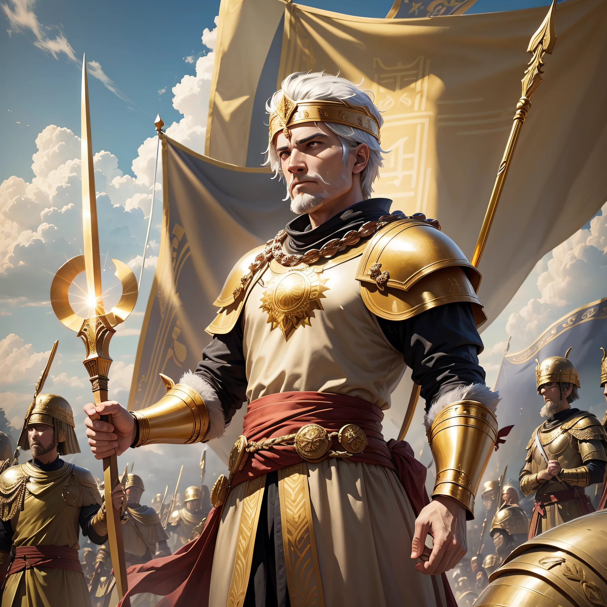 Visualize a shrewd Roman leader and strategist, dressed in golden armor and a laurel wreath. He is standing before an enemy army, while his own troop is positioned in formation behind him. Instead of wielding a sword, his hands are raised in a sign of peace, conveying the message that true power lies in the ability to win without fighting. The Roman leader emits an aura of confidence and authority, while enemy soldiers seem baffled by his diplomatic skill. The scene is illuminated by a bright sun and the sky is blue and serene, symbolizing victory without bloodshed. Convey the message that true power lies in mind, strategy, and diplomacy. --auto --s2