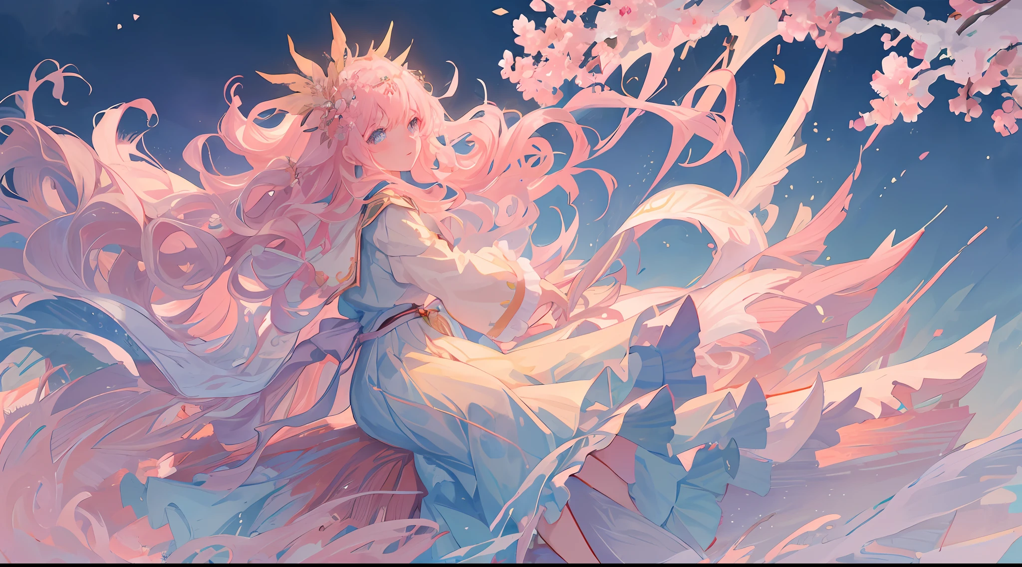 (1girl:1.2), slight blush, hands down, wavy hair, long hair, fluffy hair, light pink hair, icy blue eyes, sakura tree, hair flower, capelet, lace trim, frills, bodice, wind, winter, mountain range, mountain sitting near mountain, detailed water, sparkling eyes, light smile, peaceful, winter, extremely detailed, depth of field, cinematic lighting, Ghibli-like colours, high detail, scenery, high place, horizon, wind, wind blow, looking at viewer, lolita clothes, 8k, bokeh, from side, award winning, (masterpiece:1.2), best quality, anatomically correct, perfect hands