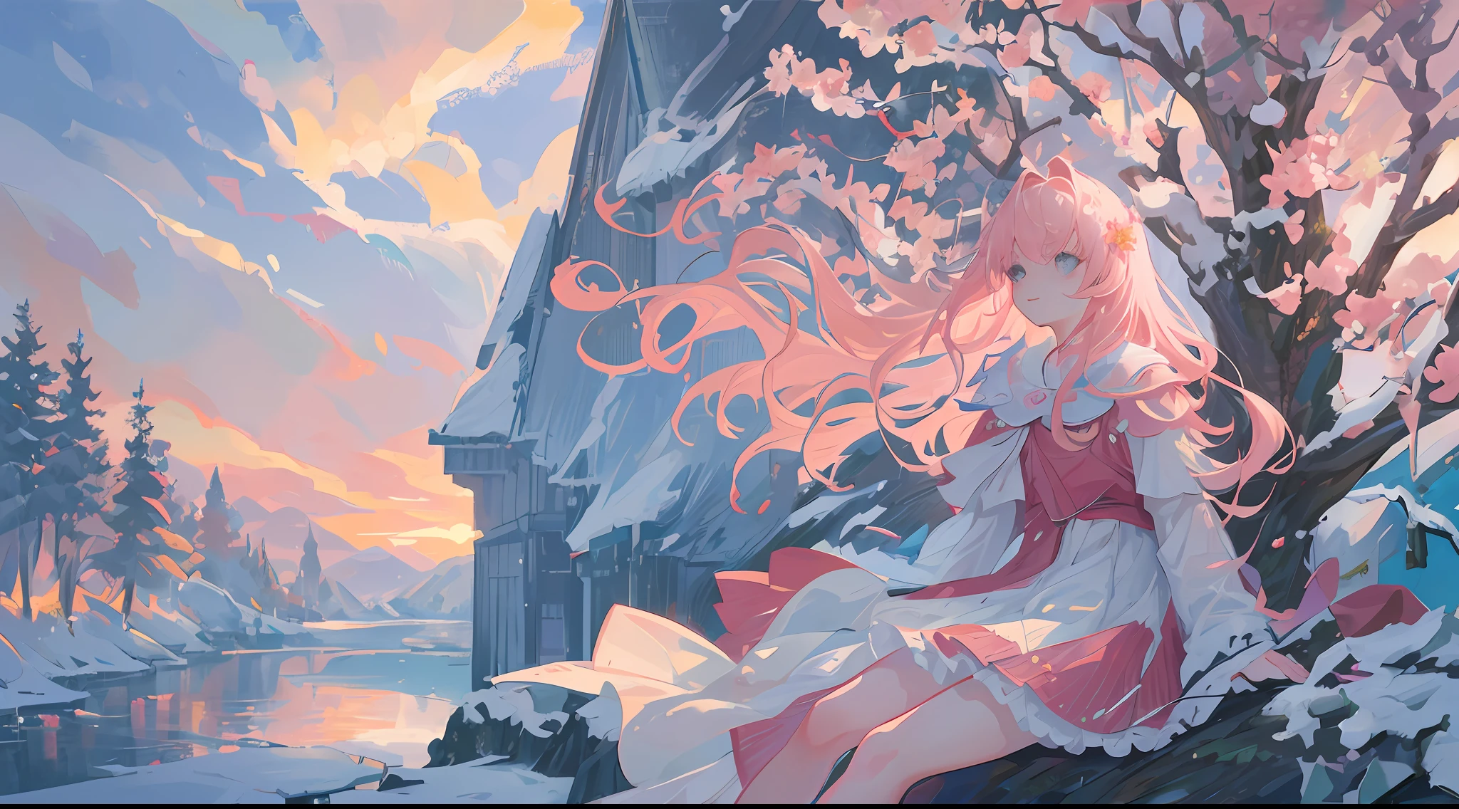 (1girl:1.2), slight blush, hands down, wavy hair, long hair, fluffy hair, light pink hair, icy blue eyes, sakura tree, hair flower, capelet, lace trim, frills, bodice, wind, winter, mountain range, mountain sitting near mountain, detailed water, sparkling eyes, light smile, peaceful, winter, extremely detailed, depth of field, cinematic lighting, Ghibli-like colours, high detail, scenery, high place, horizon, wind, wind blow, looking at viewer, lolita clothes, 8k, bokeh, from side, award winning, (masterpiece:1.2), best quality, anatomically correct, perfect hands