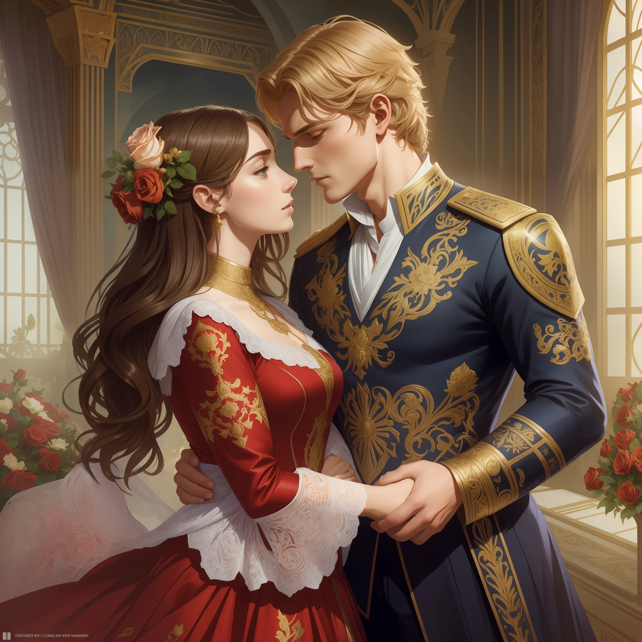 Couple kisses a home and a woman with much affection, the man Neels Visser is a prince who has golden blonde hair, wears a medieval military outfit and is in love with the commoner woman Lily Collins, who has curly brown black hair and wears a red dress, illustration of a romance book cover with a detailed background,  smooth, bright full of ivy-covered flowers and red roses, castle, ornate dress standing on a bed of roses, rim light, dynamic lighting, ethereal lighting, ultra detail, conceptual art, elegant, surreal, art by Lisa Aisato, Greg Hildebrandt, Citemer Liu, Stjepan Sejic, Samyang, Aykut Aydogdu, Justin Gerard, Alphonse Mucha, Artgerm, WLOP and Greg Rutkowski