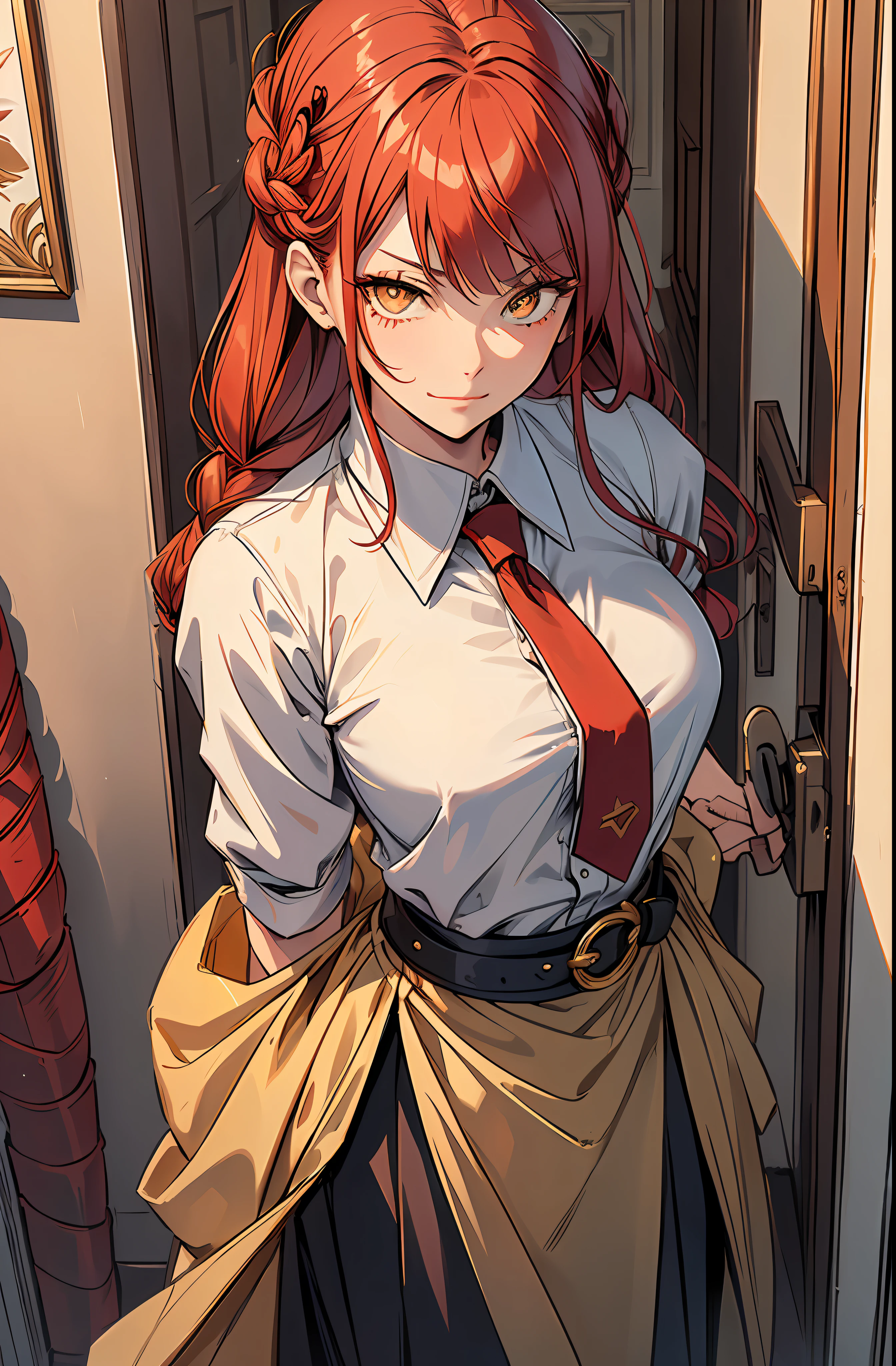 (((masterpiece))),(best quality), 1girl,solo, extremely detailed, detailed face,detailed eyes,illustration,2k,(full body:1.2),
makima \(chainsaw man\),standing, red hair, long braided hair, golden eyes, bangs, white shirt, necktie,(sinister smirk),
((In the corridor)),looking at viewer, the portrait is centered,(close-up:1.4),upper body,(from above:1.4),(wide-angle lens:1.2),(Fisheye effect:1.1),head sideways,evil,
looking at viewer, (bow one's head),(night),(Holding a knife:1.2),
scared, horrified,(constricted pupils:1.5),(crazy smile:1.2),