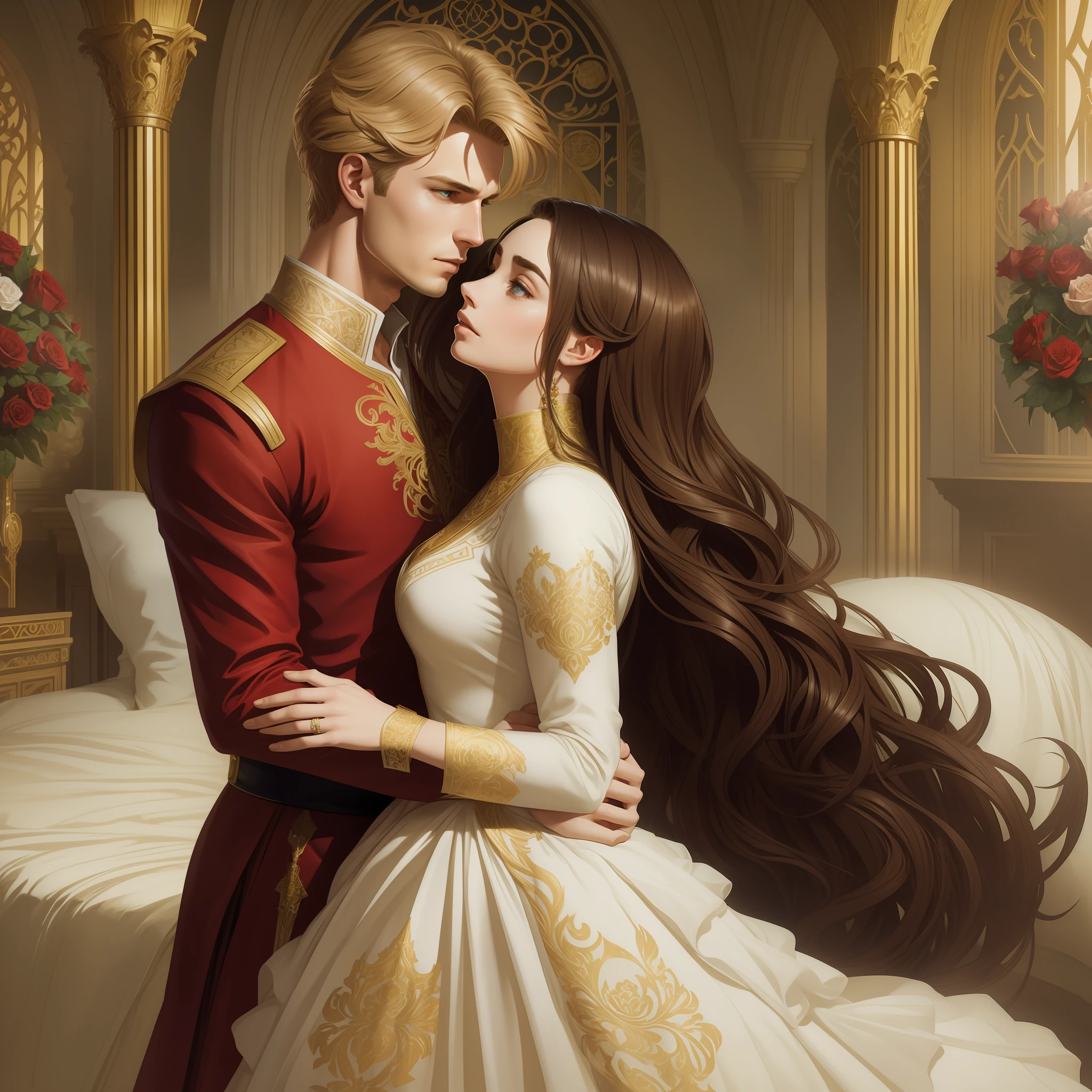 Couple kisses a home and a woman with much affection, the man Neels Visser is a prince who has golden blonde hair, wears a medieval military outfit and is in love with the commoner woman Lily Collins, who has curly brown black hair and wears a red dress, illustration of a romance book cover with a detailed background, smooth, bright full of ivy-covered flowers and red roses, castle, ornate dress standing on a bed of roses, rim light, dynamic lighting, ethereal lighting, ultra detail, conceptual art, elegant, surreal, art by Lisa Aisato, Greg Hildebrandt, Citemer Liu, Stjepan Sejic, Samyang, Aykut Aydogdu, Justin Gerard, Alphonse Mucha, Artgerm, WLOP and Greg Rutkowski