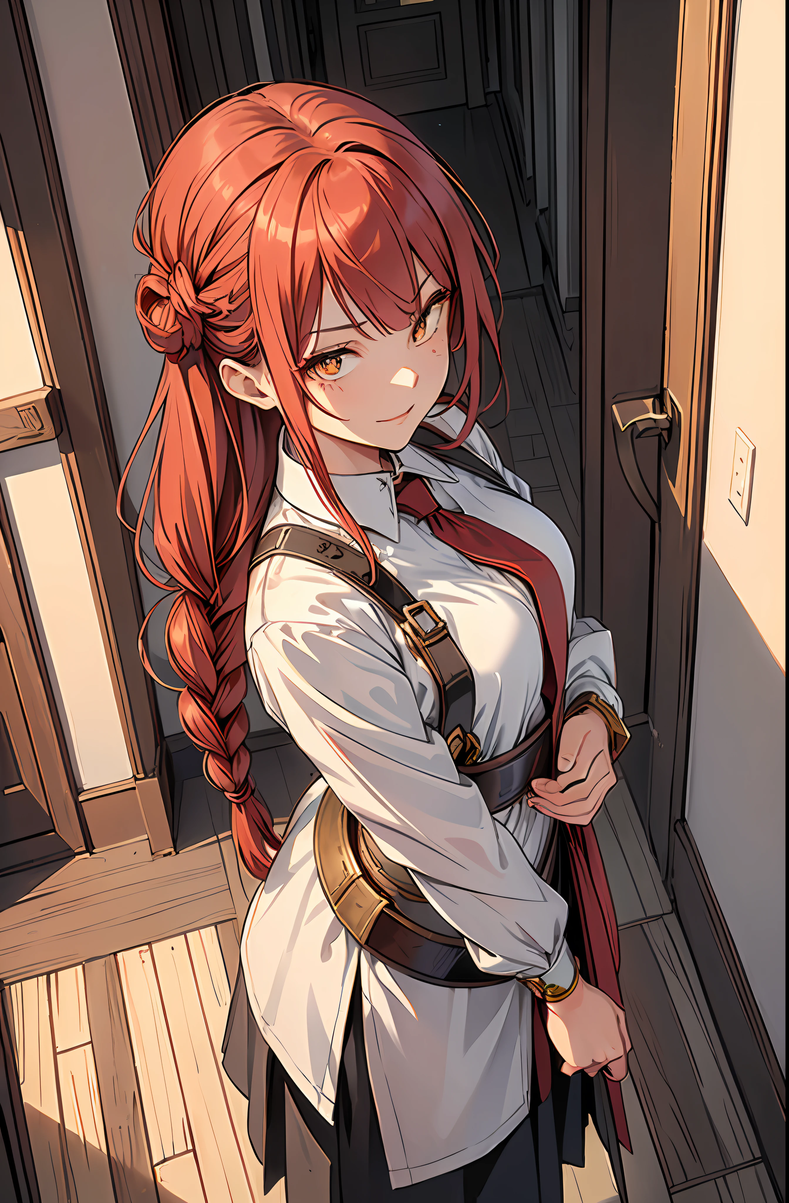 (((masterpiece))),(best quality), 1girl,solo, extremely detailed, detailed face,detailed eyes,illustration,2k,(full body:1.2),
makima \(chainsaw man\),standing, red hair, long braided hair, golden eyes, bangs, white shirt, necktie,(sinister smirk),
((In the corridor)),looking at viewer, the portrait is centered,(close-up:1.4),upper body,(from above:1.4),(wide-angle lens:1.2),(Fisheye effect:1.1),head sideways,evil,
looking at viewer, (bow one's head),(night),(Holding a knife:1.2),
scared, horrified,(constricted pupils:1.5),(crazy smile:1.2),