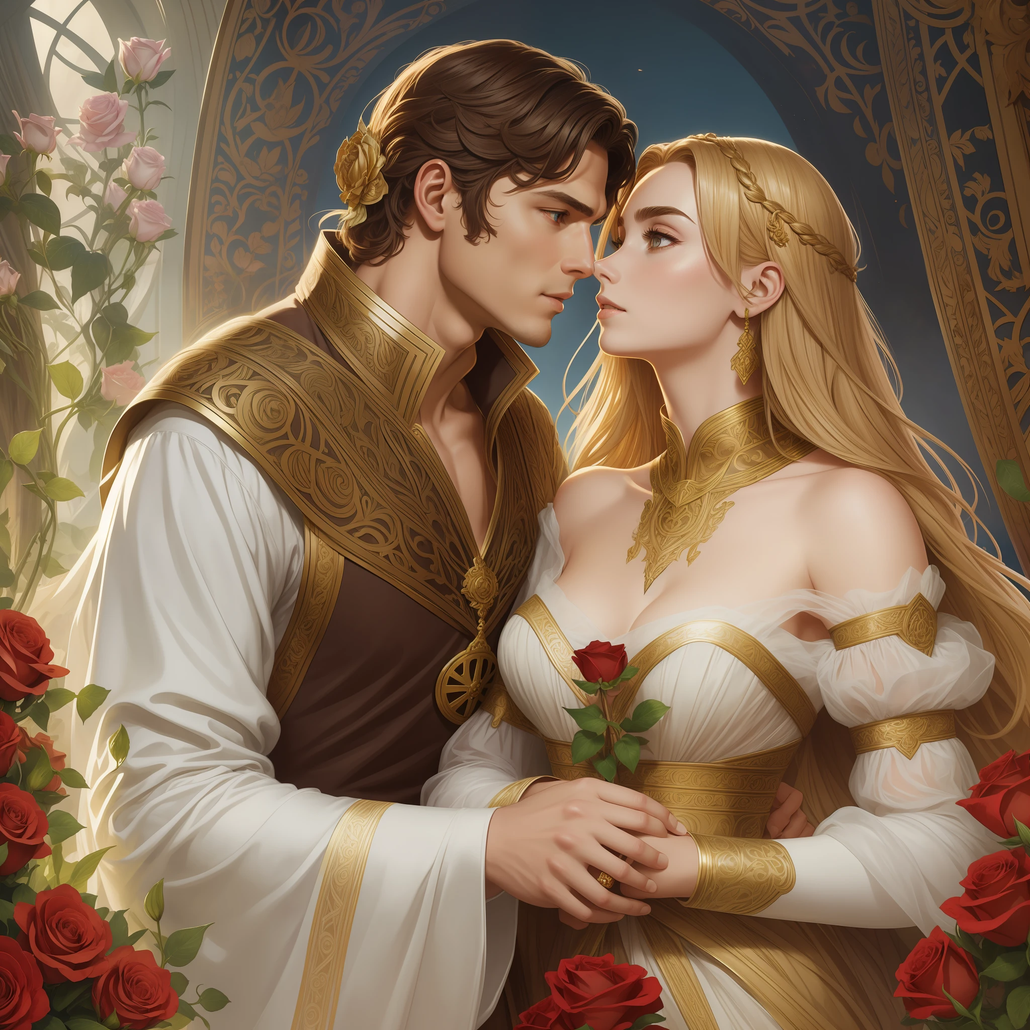 Couple kisses a home and a woman with much affection, the man Neels Visser is a prince who has golden blonde hair, wears a medieval military outfit and is in love with the commoner woman Lily Collins, who has curly brown black hair and wears a red dress, illustration of a romance book cover with a detailed background, smooth, bright full of ivy-covered flowers and red roses, castle, ornate dress standing on a bed of roses, rim light, dynamic lighting, ethereal lighting, ultra detail, conceptual art, elegant, surreal, art by Lisa Aisato, Greg Hildebrandt, Citemer Liu, Stjepan Sejic, Samyang, Aykut Aydogdu, Justin Gerard, Alphonse Mucha, Artgerm, WLOP and Greg Rutkowski