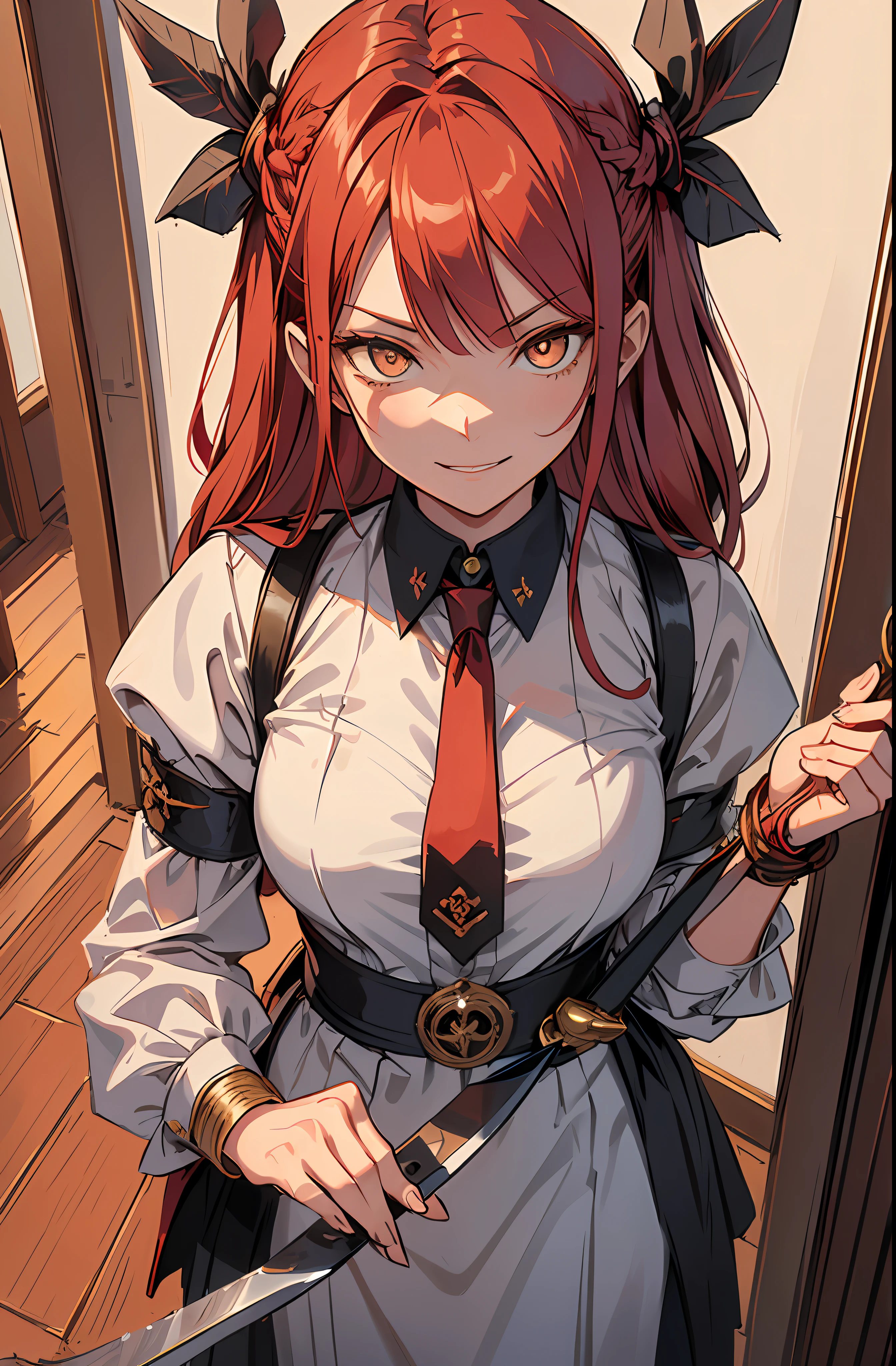 (((masterpiece))),(best quality), 1girl,solo, extremely detailed, detailed face,detailed eyes,illustration,2k,(full body:1.2),
makima \(chainsaw man\),standing, red hair, long braided hair, golden eyes, bangs, white shirt, necktie,(sinister smirk),
((In the corridor)),looking at viewer, the portrait is centered,(close-up:1.4),upper body,(from above:1.4),(wide-angle lens:1.2),(Fisheye effect:1.1),head sideways,evil,
looking at viewer, (bow one's head),(night),(Holding a knife:1.2),
scared, horrified,(constricted pupils:1.5),(crazy smile:1.2),