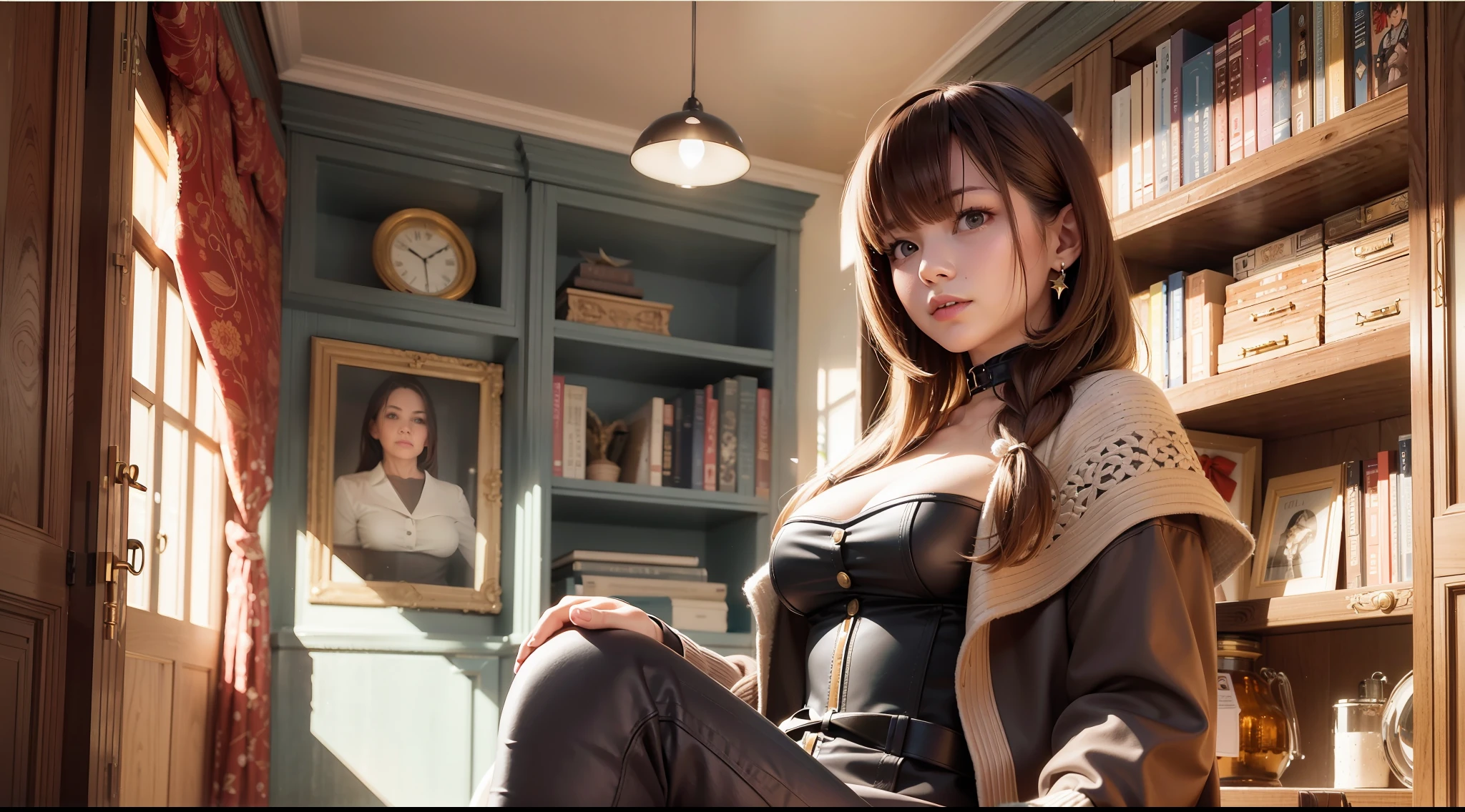 Woman on her back sitting in the chair, woman of 50 years, air of mystery, realistic, photorealistic, 3d, telling a story, air of suspense, ultrarealistic, details in the environment, room with cabinets and books,, with light on, woman not so close, image grandangula, woman with brown hair, woman on her back telling the story, cabinets in the room --auto --s2