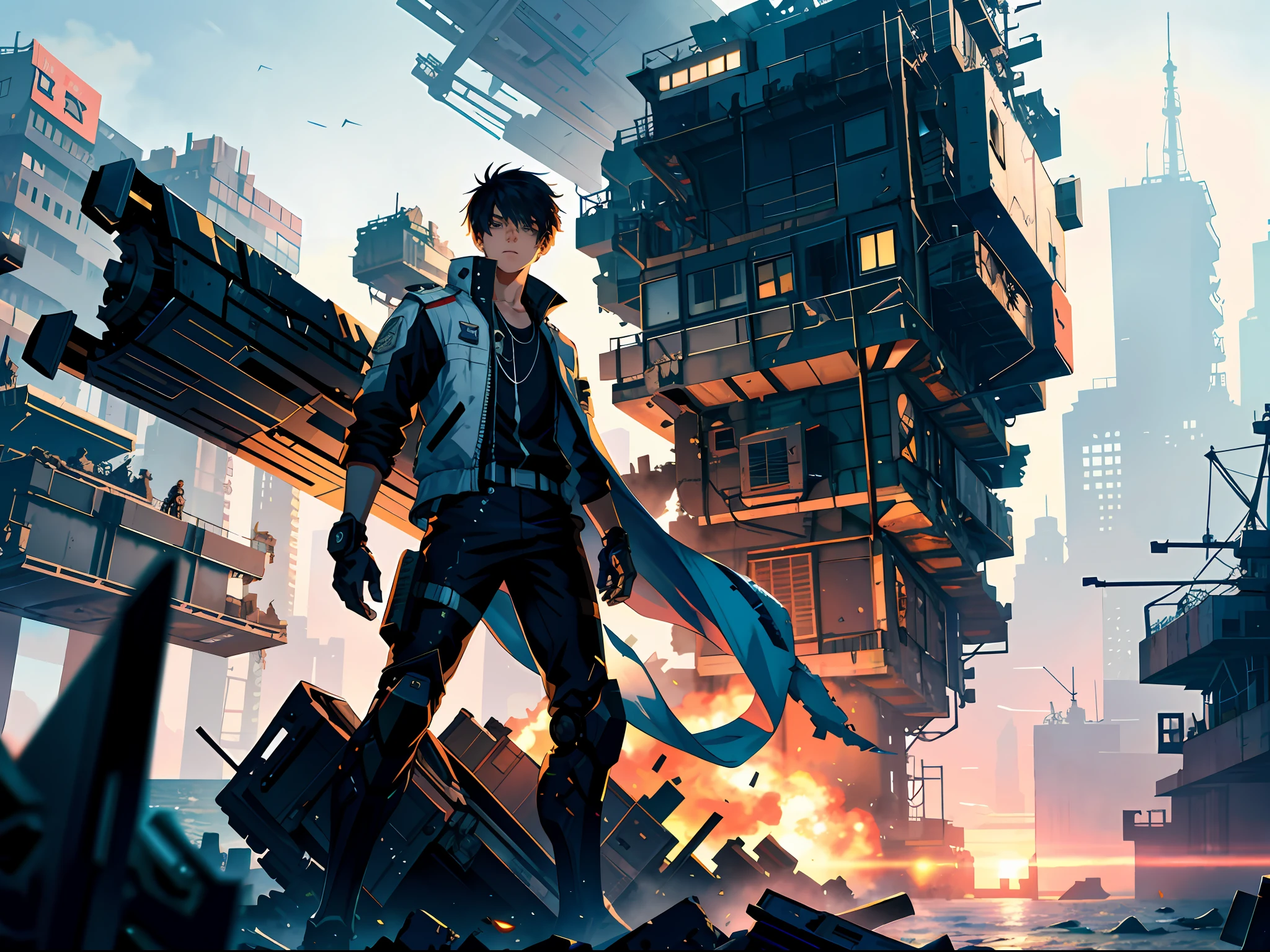 HD clear, best images, illustrations, super detailed, a young ager in a cyberpunk-style white combat uniform, detailed face, and facial features, standing on the seaside pier, next to a pile of mechanical wreckage, the teen holding a white crystal the size of a basketball in his hand