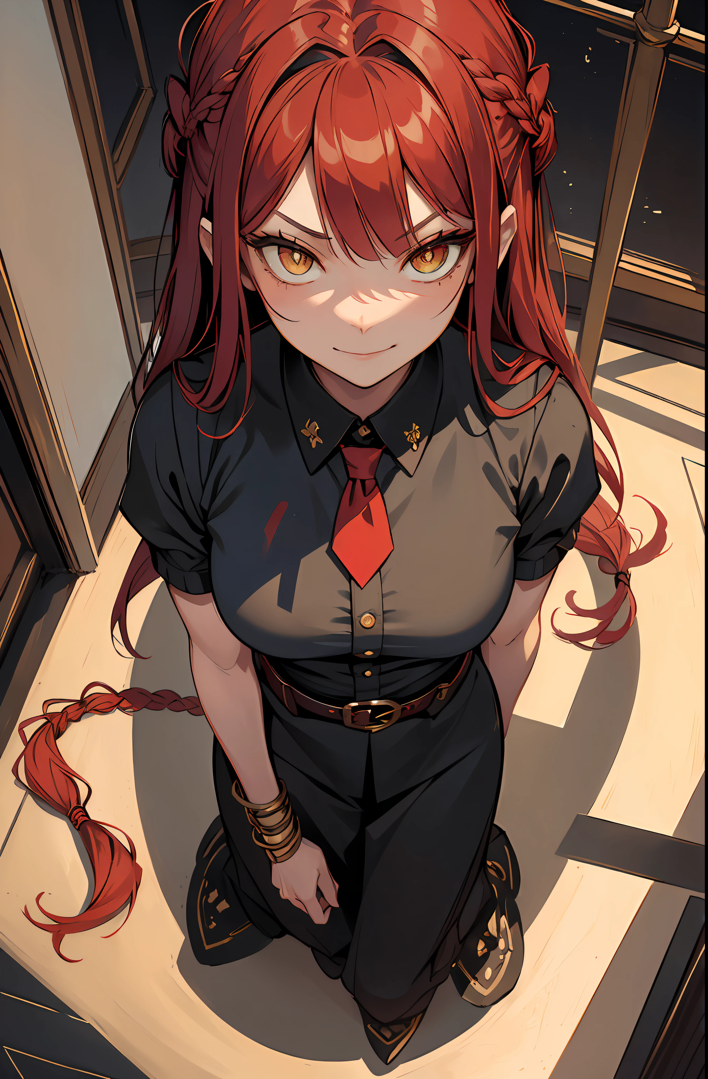 (((masterpiece))),(best quality), 1girl,solo, extremely detailed, detailed face,detailed eyes,illustration,2k,(full body:1.2),
,standing, red hair, long braided hair, yellow eyes, bangs, black shirt, necktie,(sinister smirk),
((In the corridor)),looking at viewer, the portrait is centered,(close-up:1.4),upper body,(from above:1.4),(wide-angle lens:1.2),(Fisheye effect:1.1),head sideways,evil,
looking at viewer, (bow one's head),(night),(Holding a bloody knife:1.2),
scared, horrified,(constricted pupils:1.5),(crazy smile:1.2), glass eyes, glass pupils